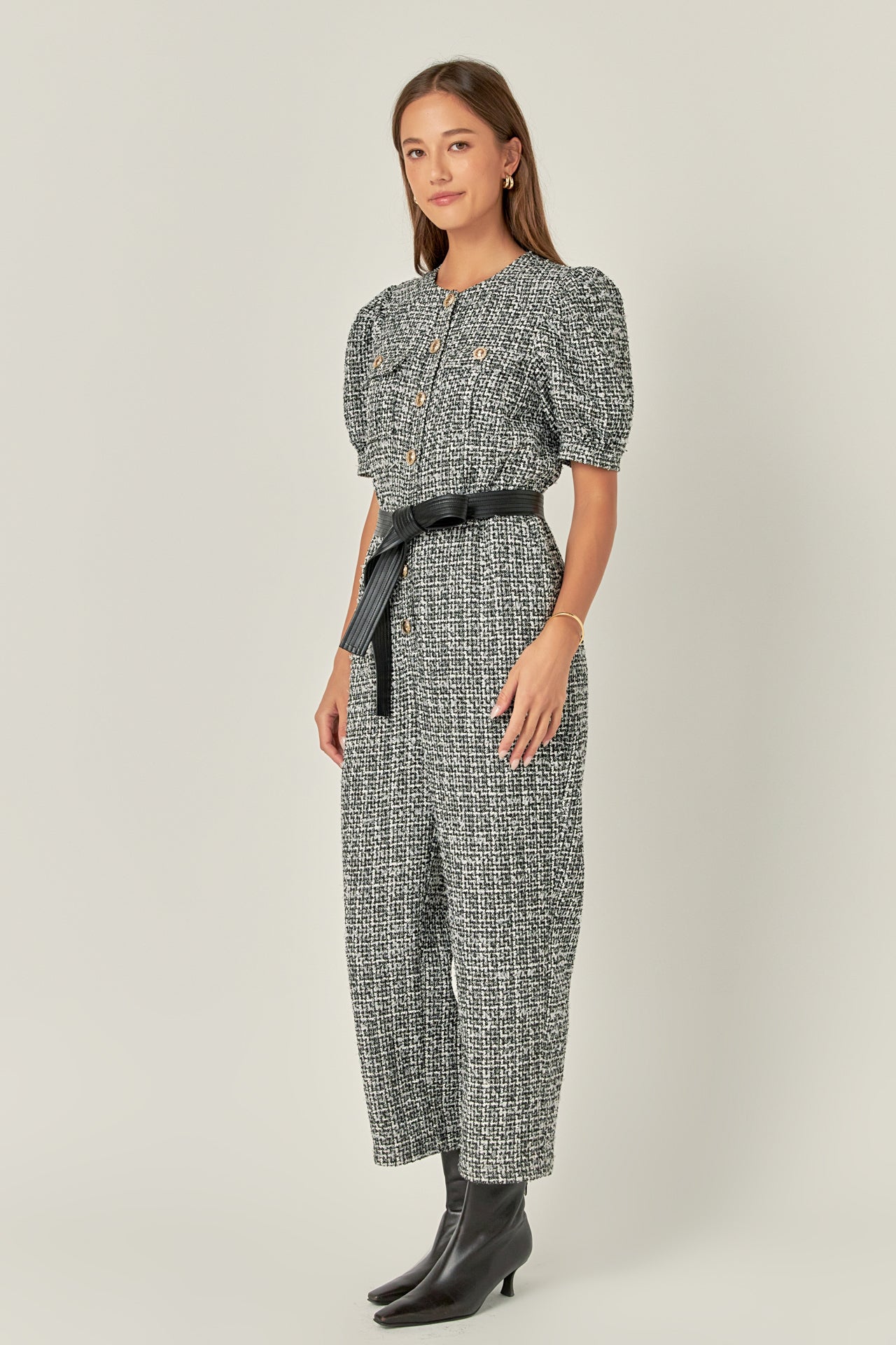 ENGLISH FACTORY - Tweed Puff Sleeve Jumpsuit - JUMPSUITS available at Objectrare
