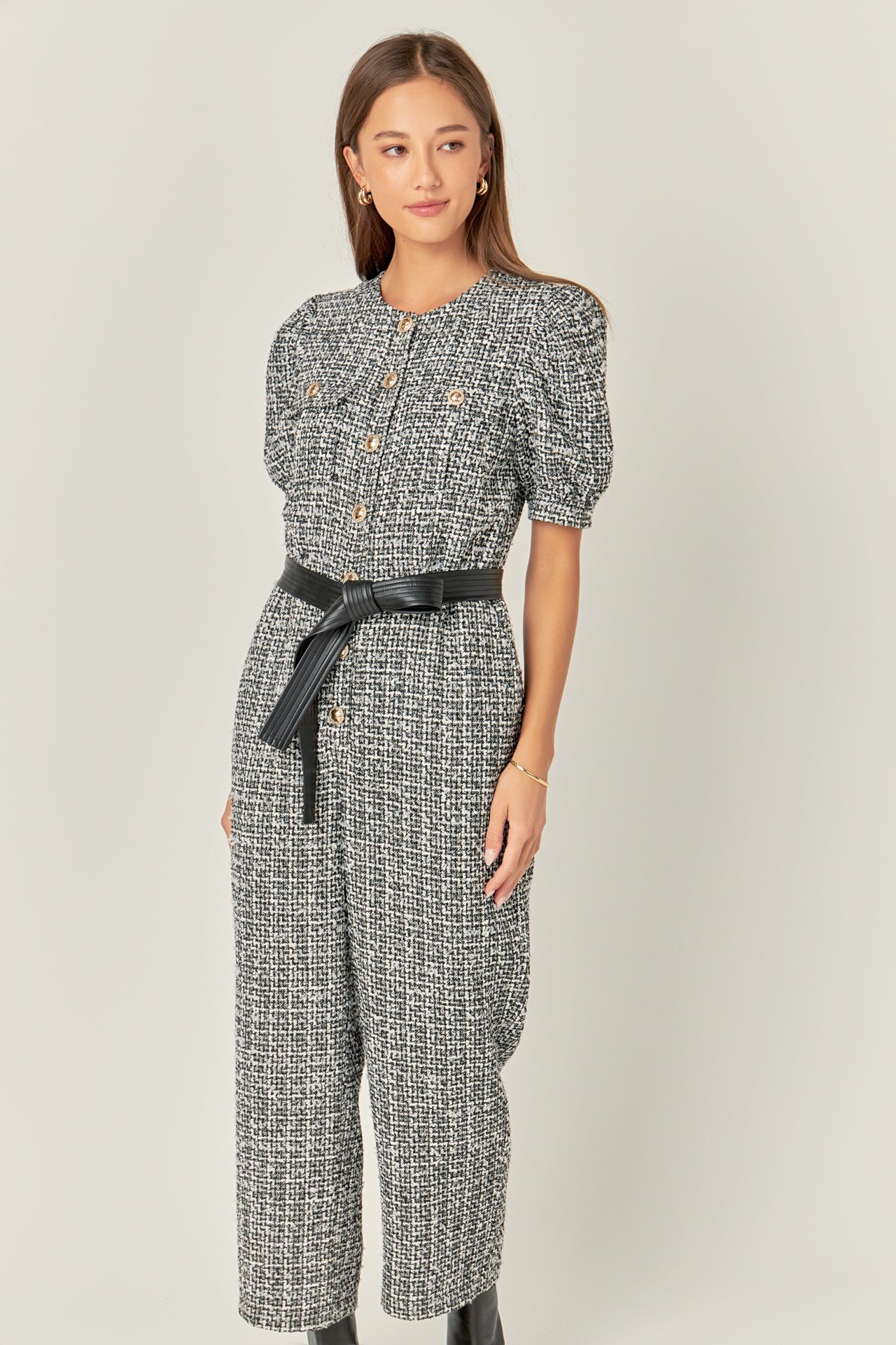 ENGLISH FACTORY - Tweed Puff Sleeve Jumpsuit - JUMPSUITS available at Objectrare