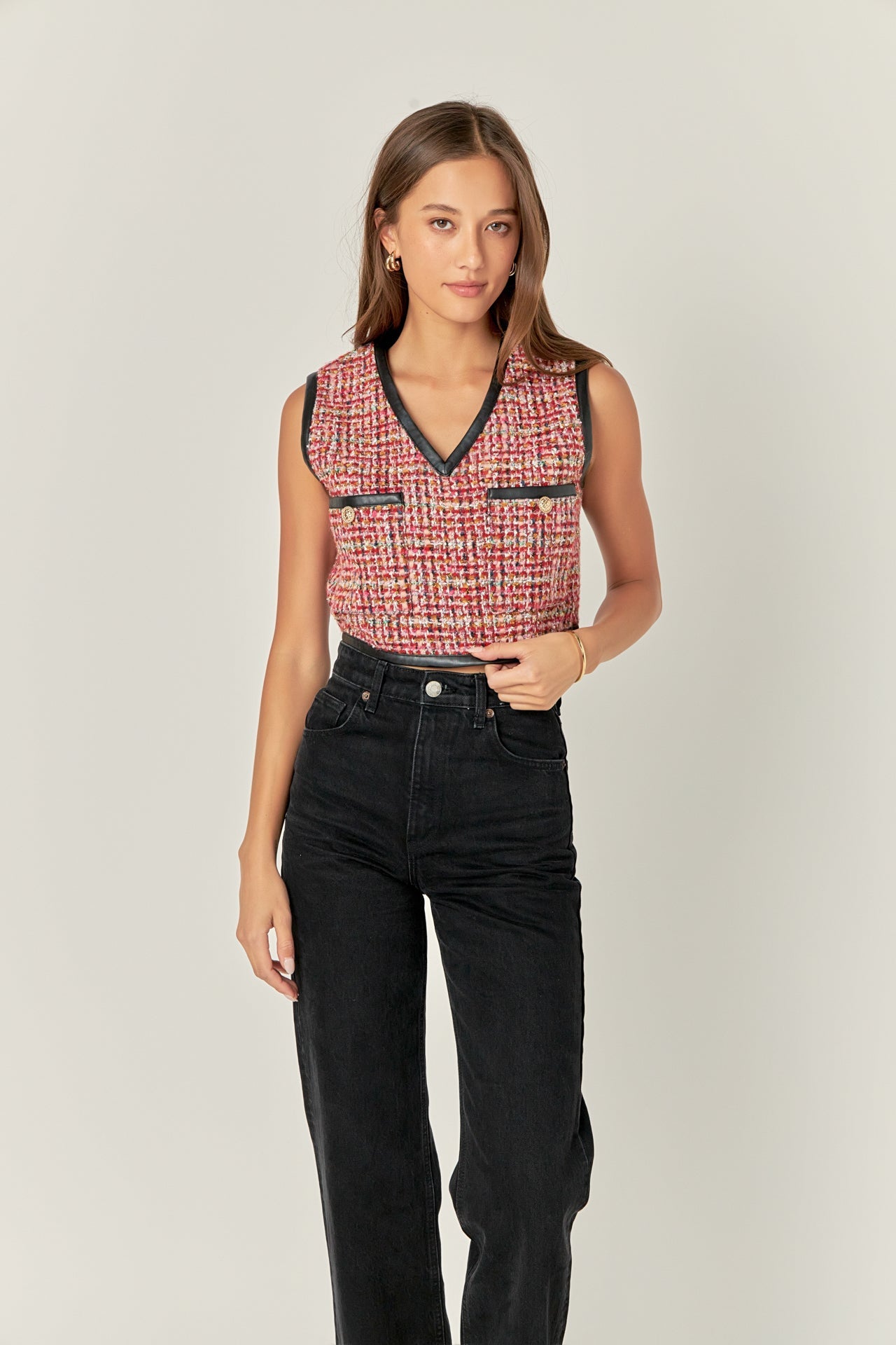ENGLISH FACTORY - Tweed Vest with Faux Leather Trim - TOPS available at Objectrare