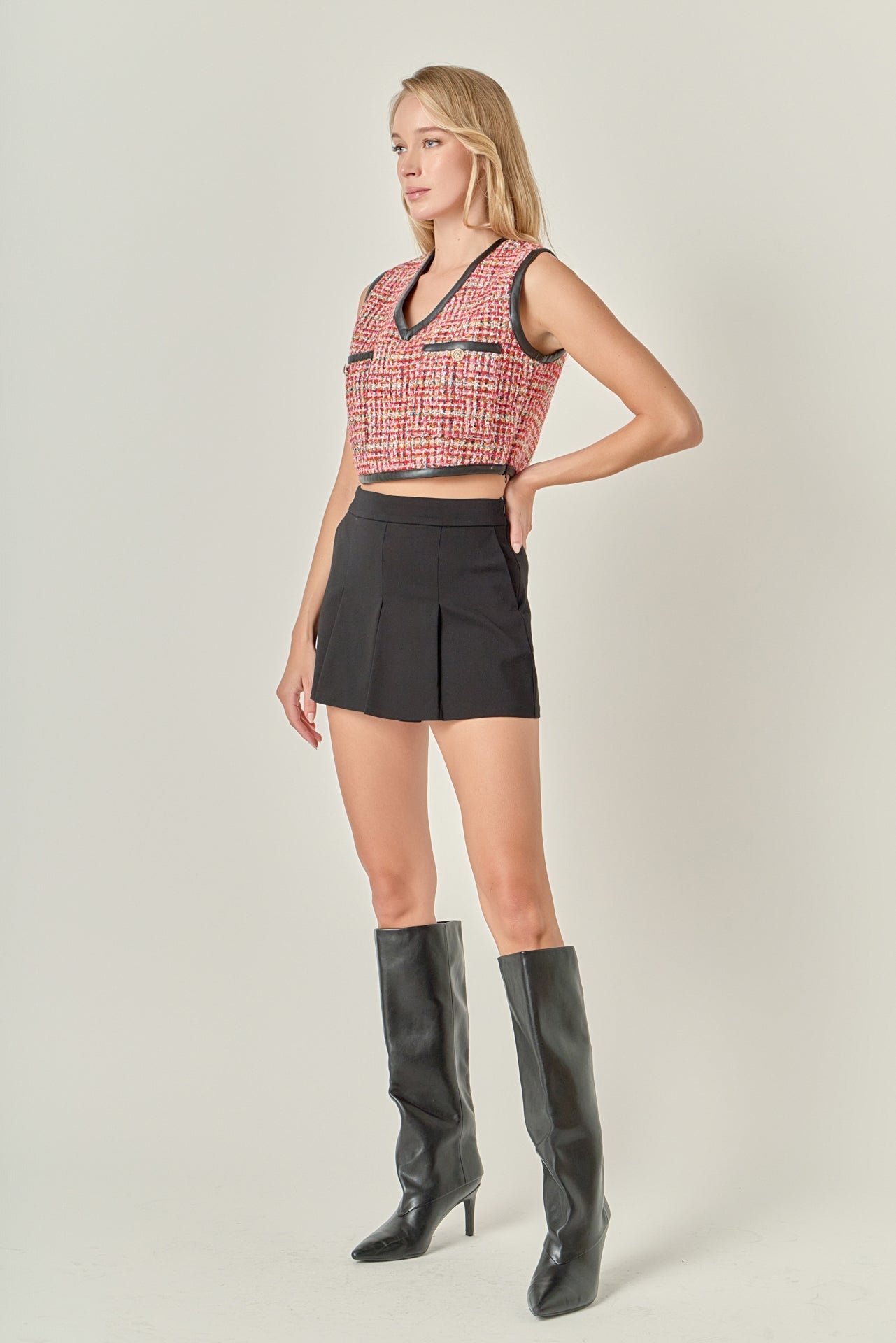 ENGLISH FACTORY - Tweed Vest with Faux Leather Trim - TOPS available at Objectrare