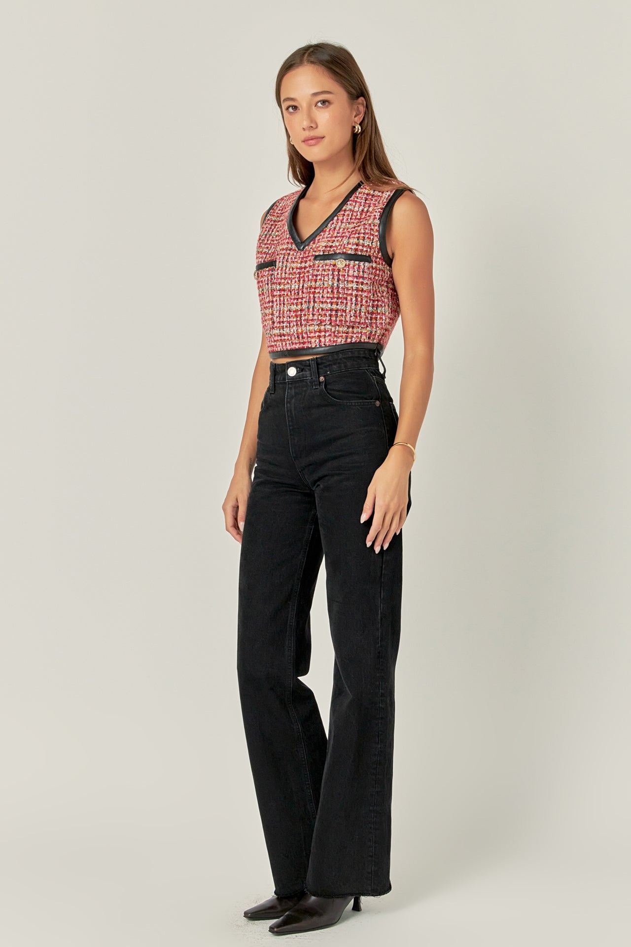 ENGLISH FACTORY - Tweed Vest with Faux Leather Trim - TOPS available at Objectrare