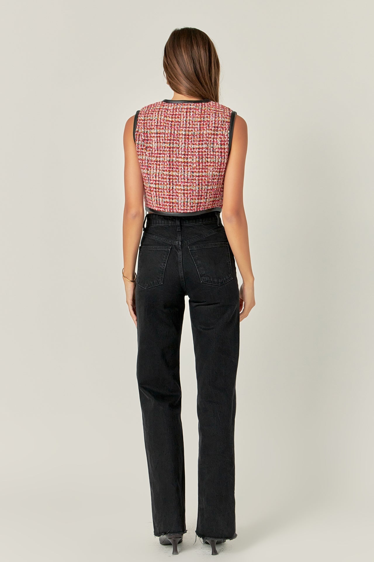 ENGLISH FACTORY - Tweed Vest with Faux Leather Trim - TOPS available at Objectrare
