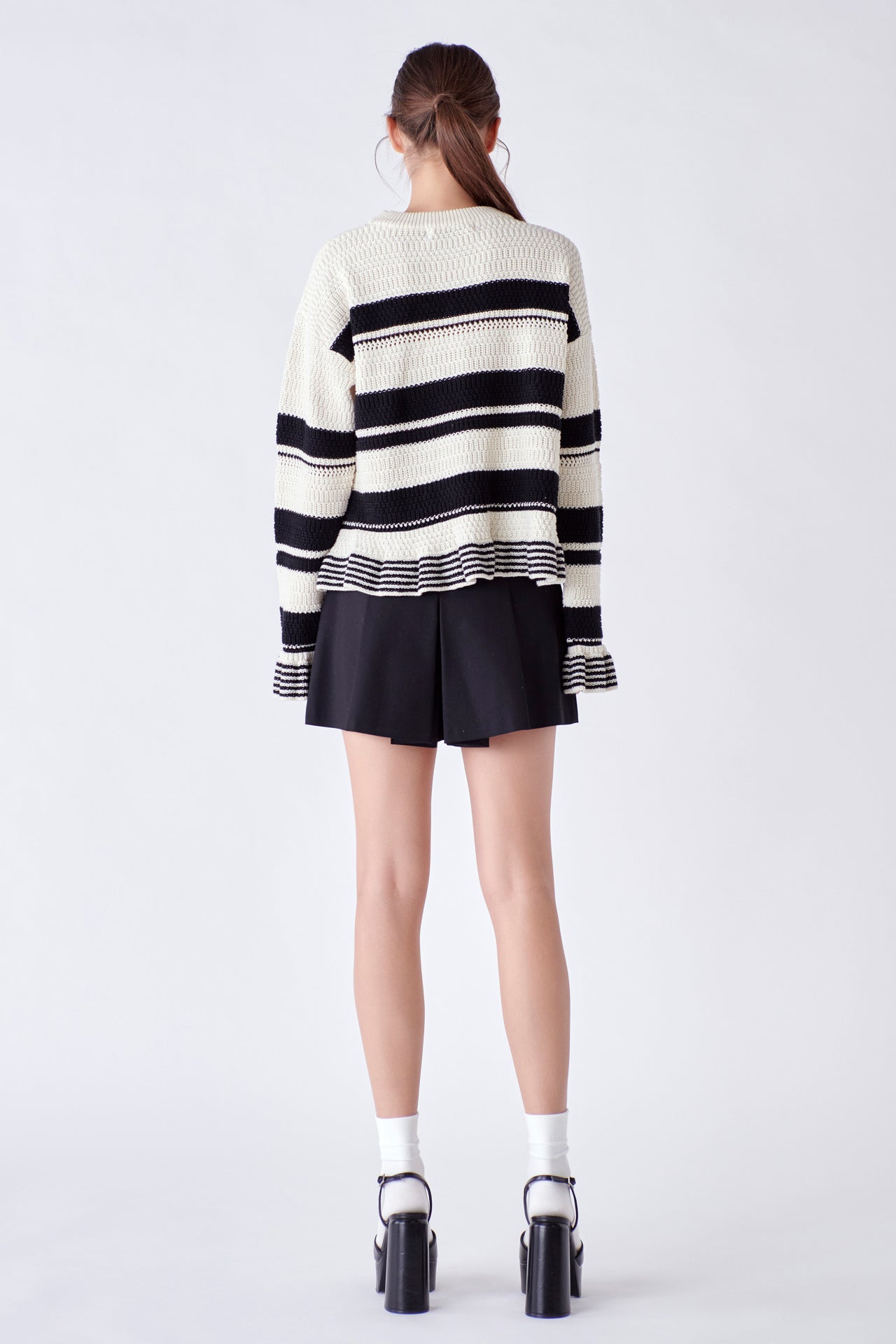 ENGLISH FACTORY - Striped Knit Sweater With Ruffles - SWEATERS & KNITS available at Objectrare