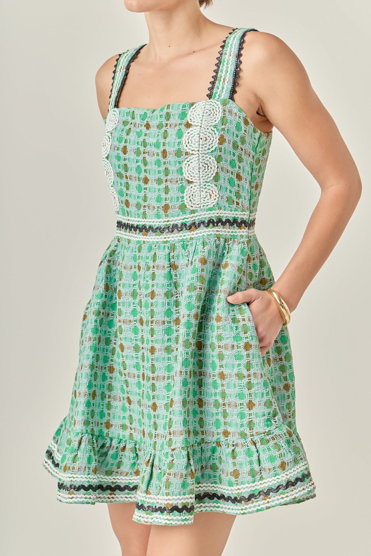 ENGLISH FACTORY - Boucle Square Neck Mini Dress With Ric Rac Trim - DRESSES available at Objectrare