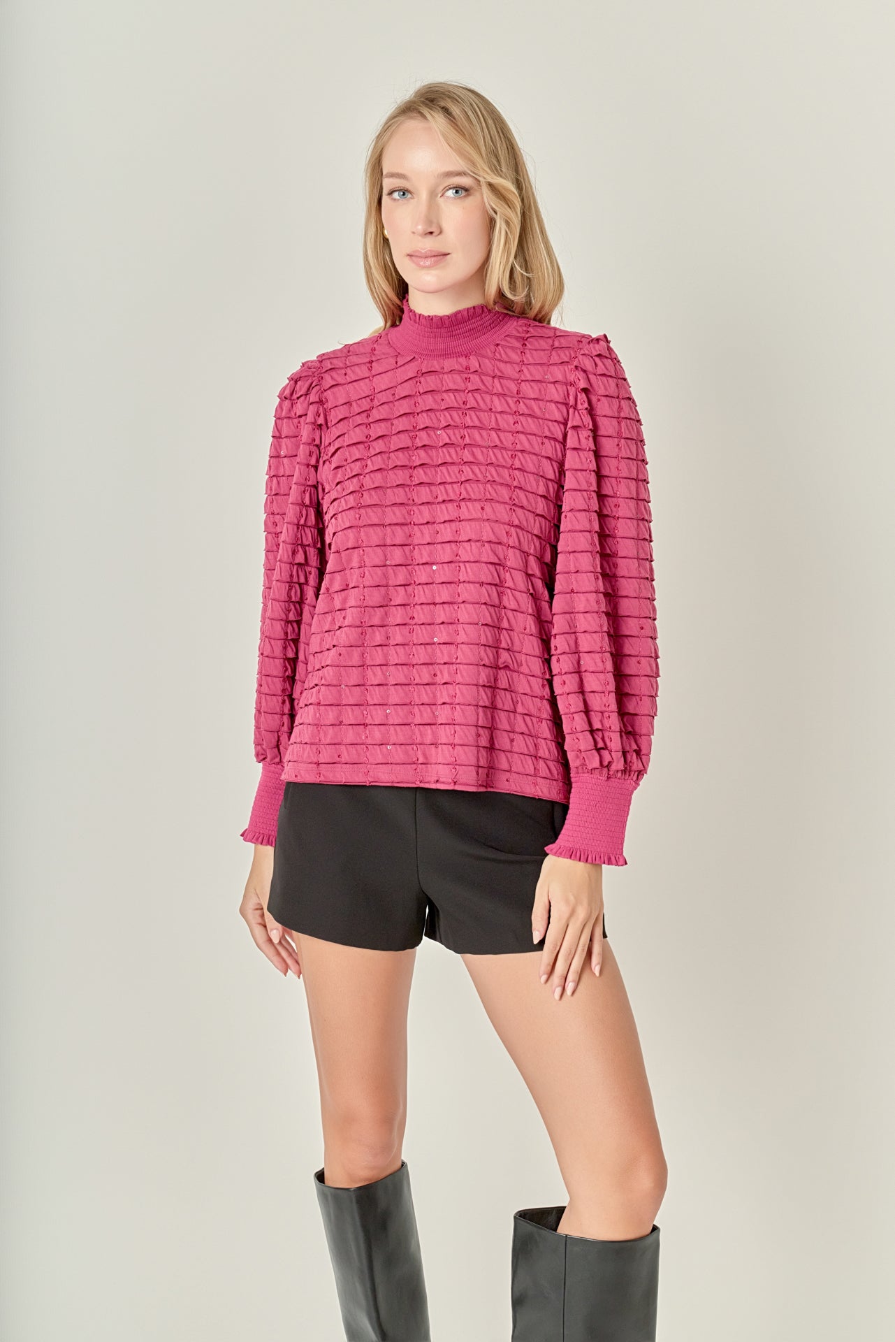 ENGLISH FACTORY - Tiered Jersey Top Mock Neck Blouse - BLOUSES available at Objectrare