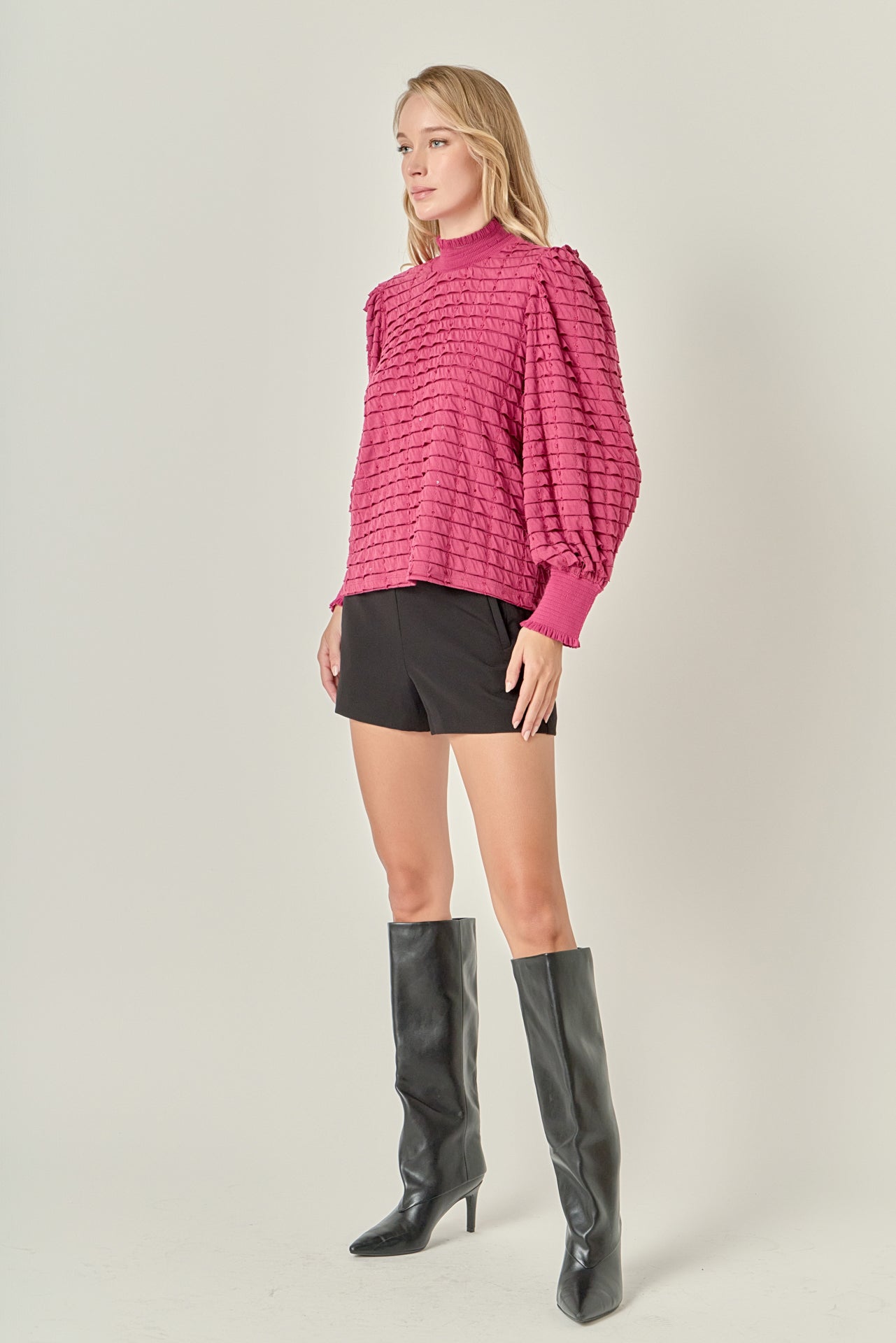 ENGLISH FACTORY - Tiered Jersey Top Mock Neck Blouse - BLOUSES available at Objectrare