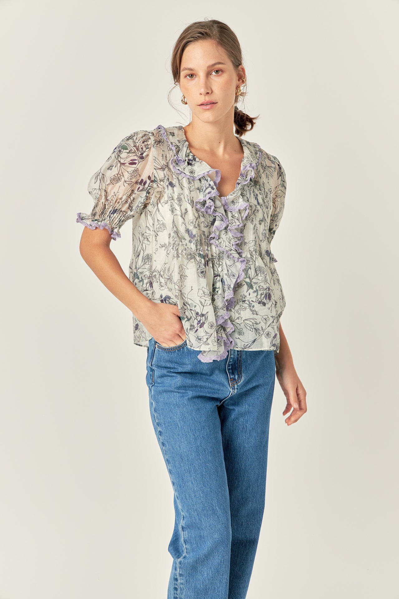 ENGLISH FACTORY - Abstract Floral Print Ruffle Top - TOPS available at Objectrare