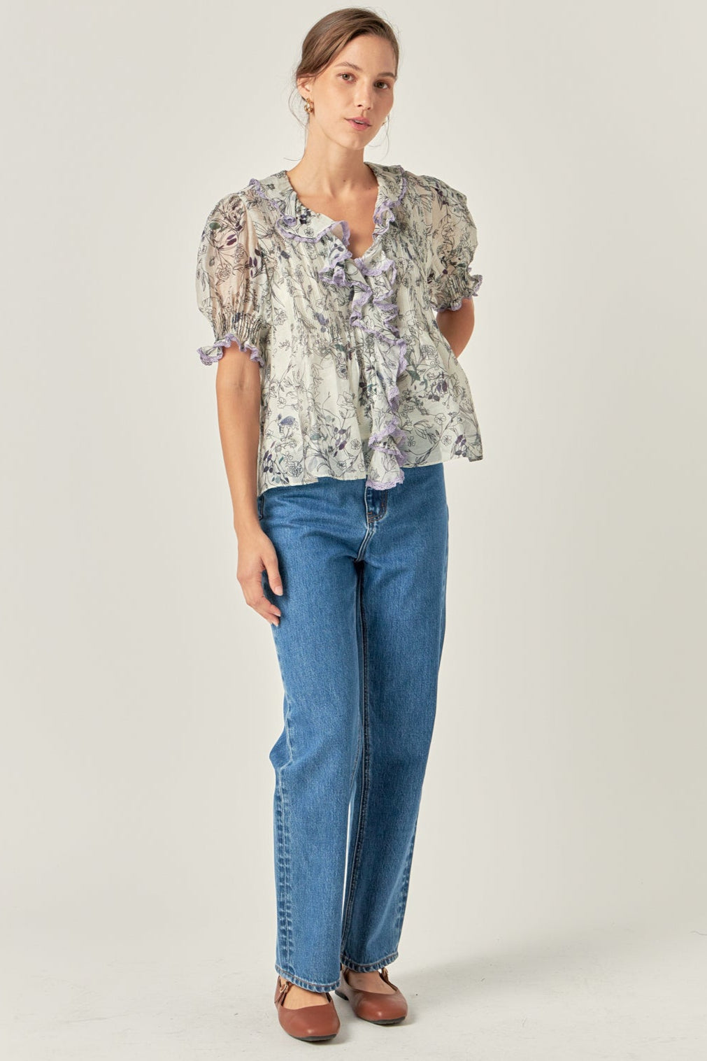 ENGLISH FACTORY - Abstract Floral Print Ruffle Top - TOPS available at Objectrare