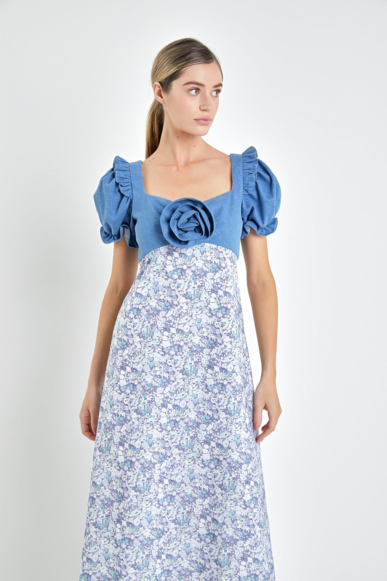 ENGLISH FACTORY - Denim Combo Floral Print Maxi Dress - DRESSES available at Objectrare
