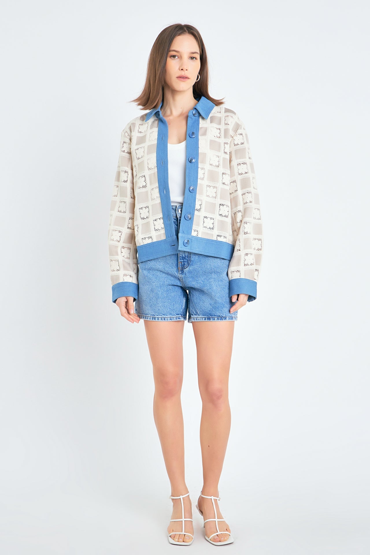 ENGLISH FACTORY - Patchwork Crochet Denim Combo Jacket - JACKETS available at Objectrare