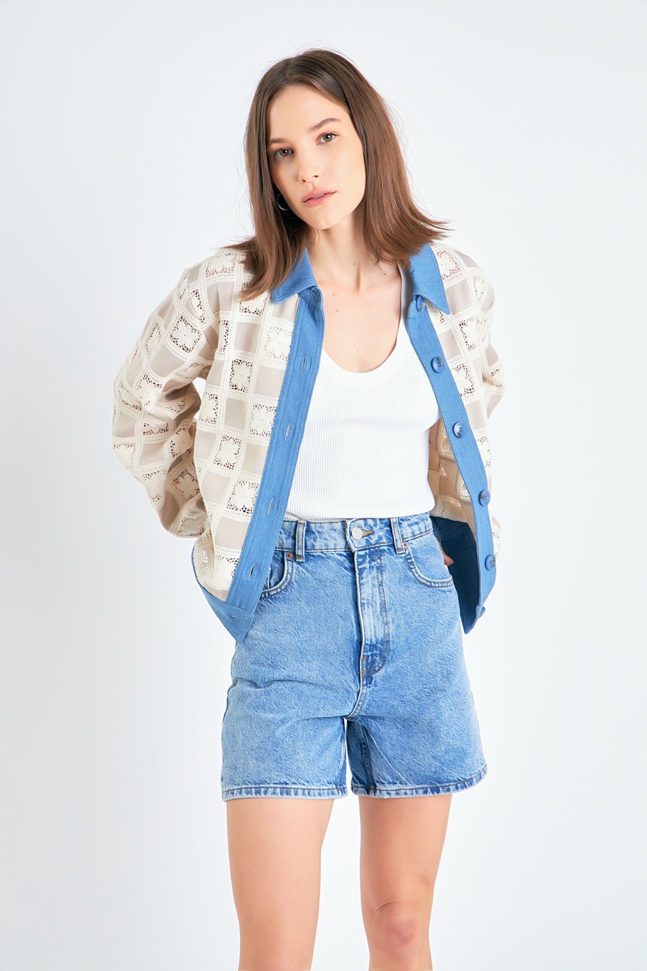 ENGLISH FACTORY - Patchwork Crochet Denim Combo Jacket - JACKETS available at Objectrare