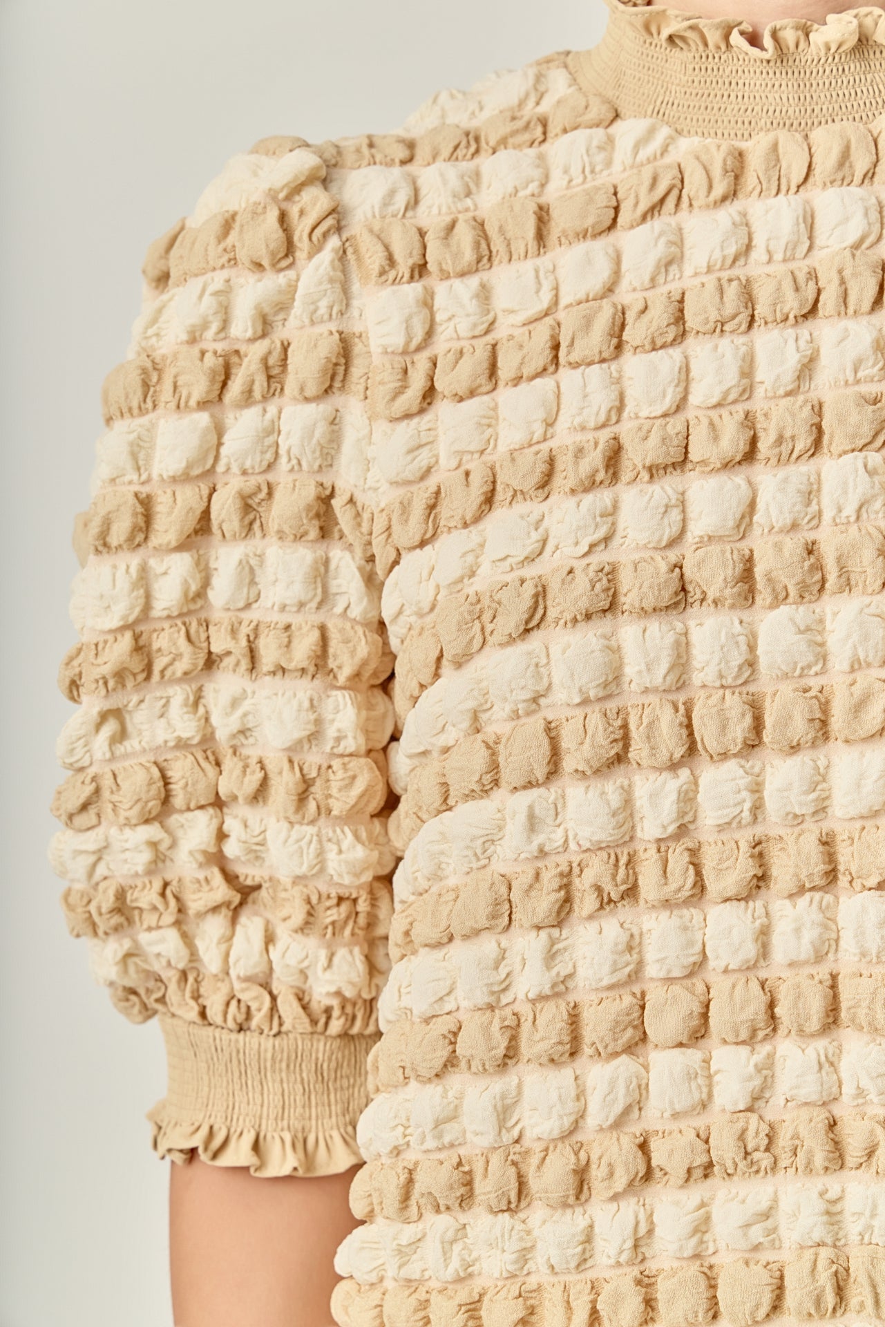 ENGLISH FACTORY - Textured Mock Neck Ruffled Short Sleeve Blouse - TOPS available at Objectrare