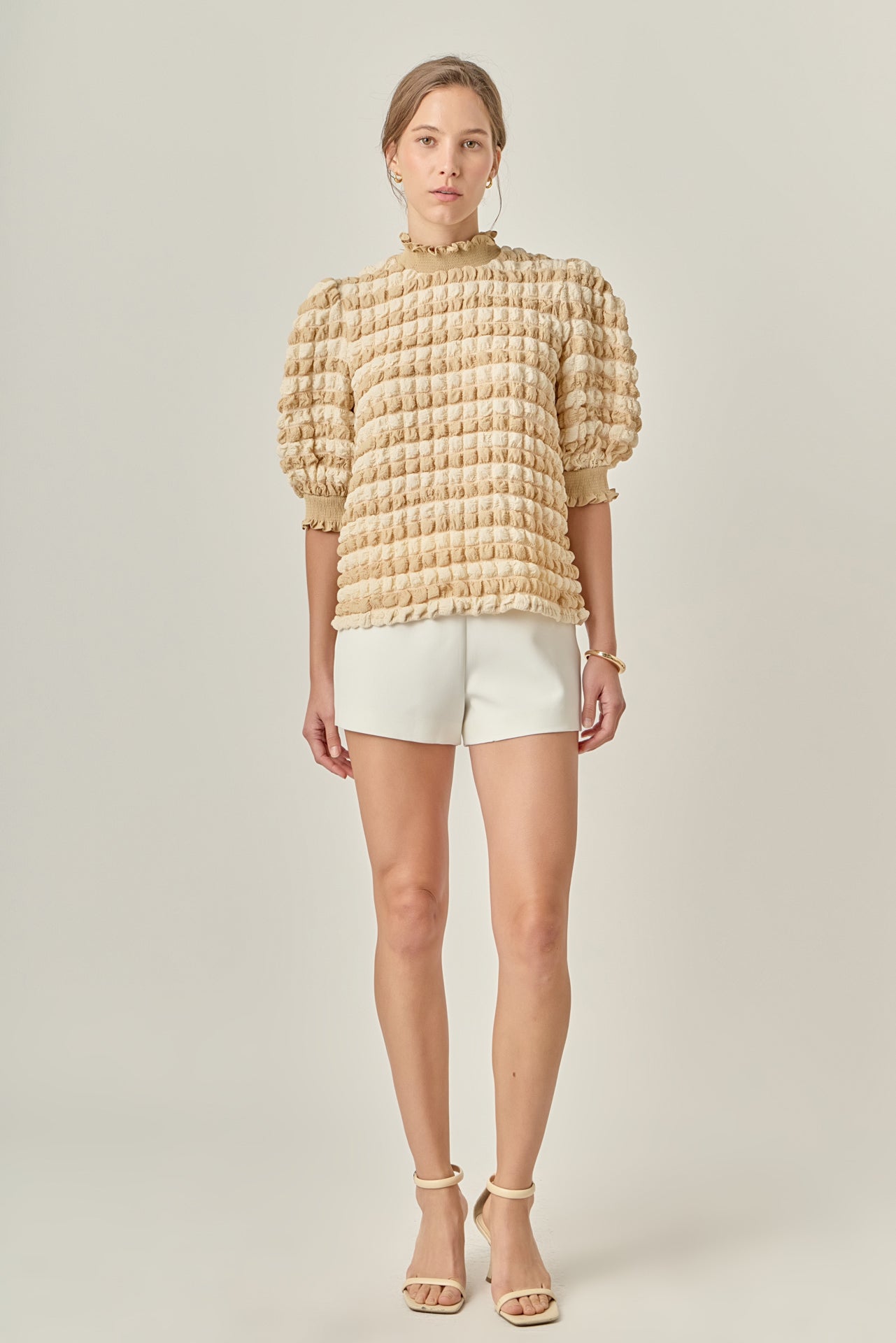 ENGLISH FACTORY - Textured Mock Neck Ruffled Short Sleeve Blouse - TOPS available at Objectrare