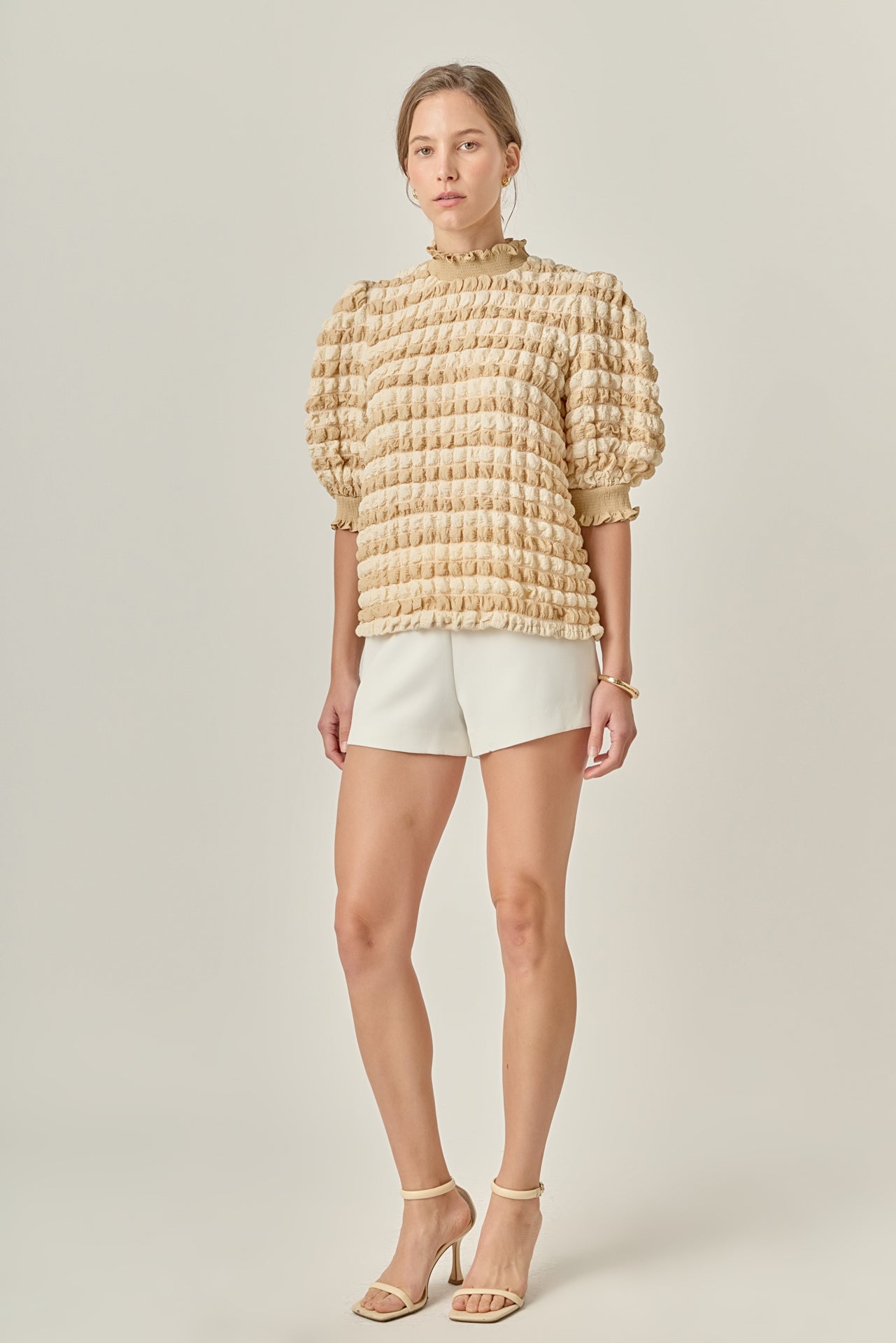 ENGLISH FACTORY - Textured Mock Neck Ruffled Short Sleeve Blouse - TOPS available at Objectrare