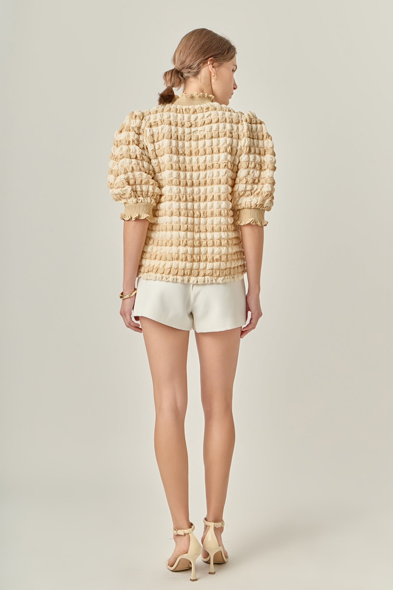 ENGLISH FACTORY - Textured Mock Neck Ruffled Short Sleeve Blouse - TOPS available at Objectrare