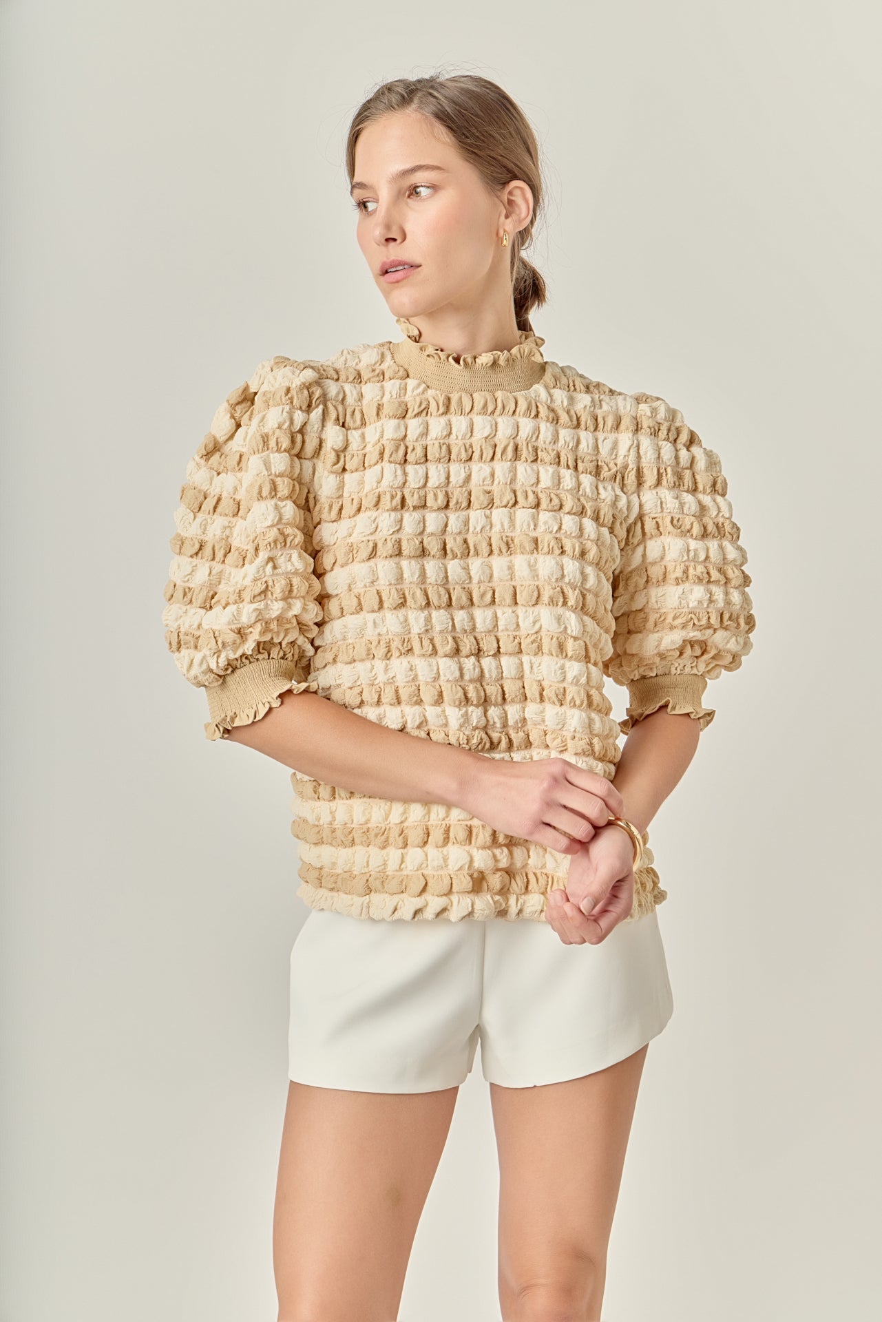 ENGLISH FACTORY - Textured Mock Neck Ruffled Short Sleeve Blouse - TOPS available at Objectrare