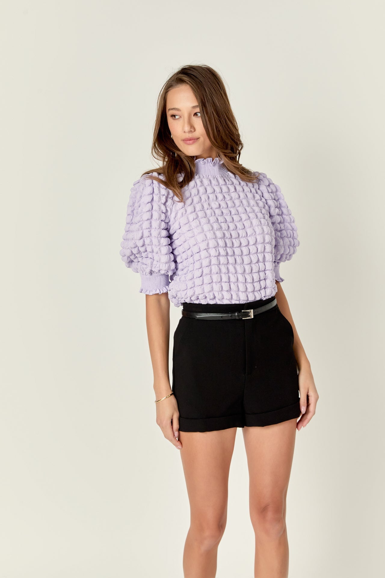 ENGLISH FACTORY - Textured Mock Neck Short Sleeve Blouse - TOPS available at Objectrare