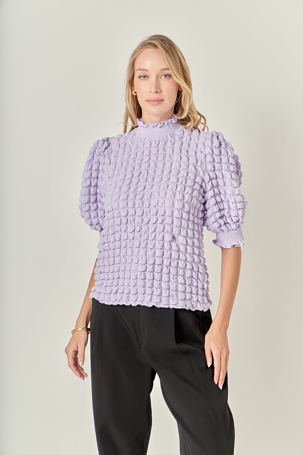 ENGLISH FACTORY - Textured Mock Neck Short Sleeve Blouse - TOPS available at Objectrare