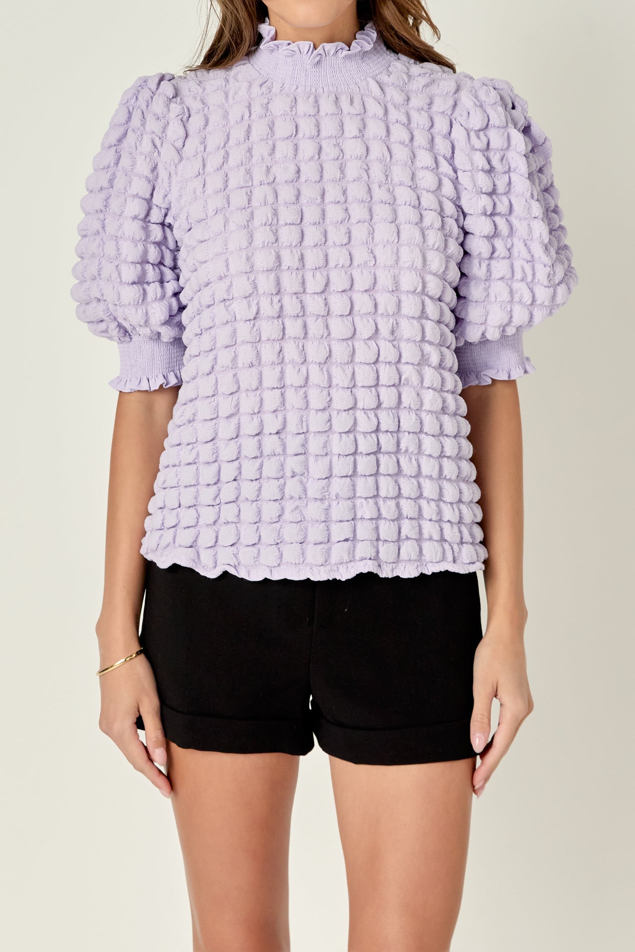 ENGLISH FACTORY - Textured Mock Neck Short Sleeve Blouse - TOPS available at Objectrare