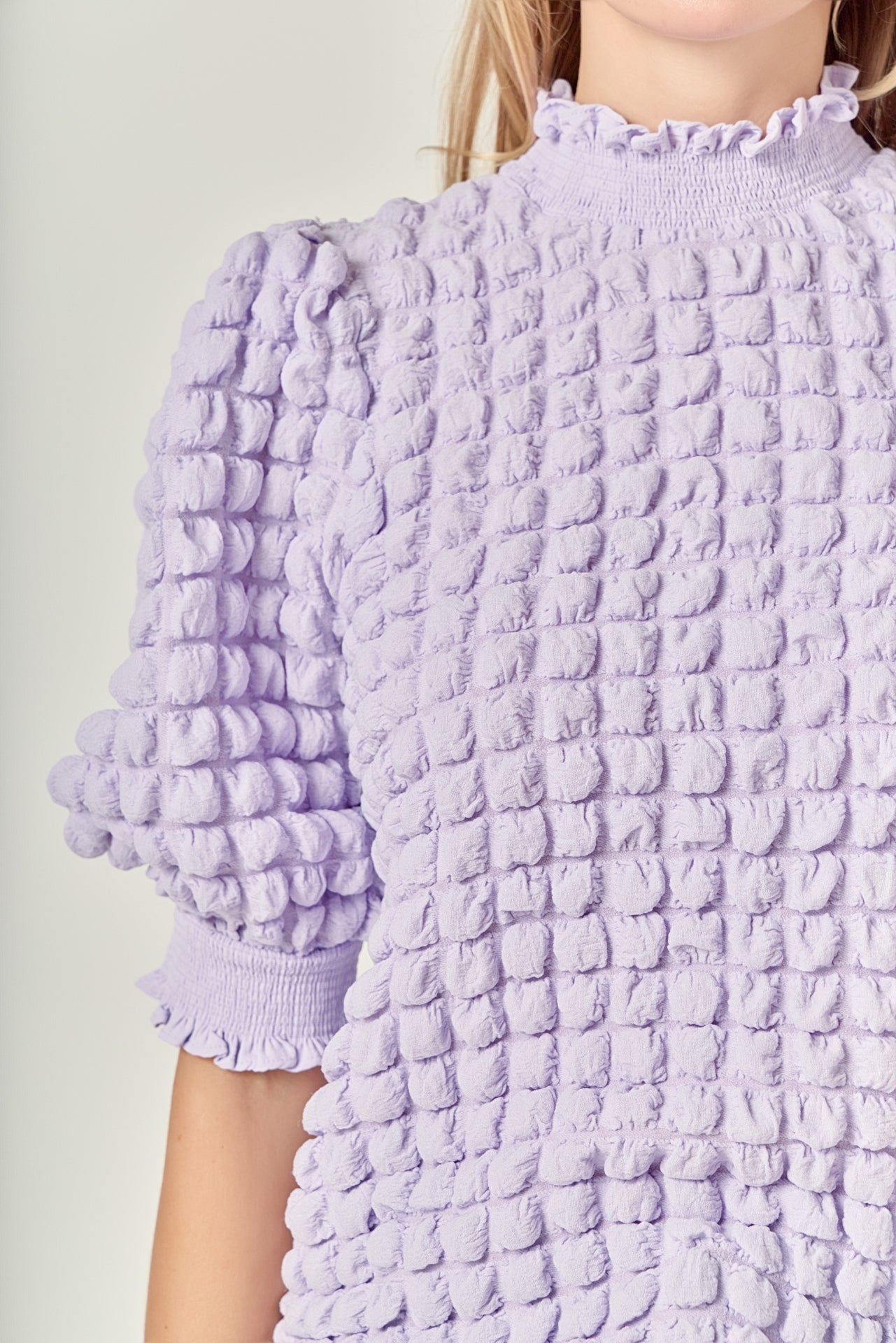 ENGLISH FACTORY - Textured Mock Neck Short Sleeve Blouse - TOPS available at Objectrare