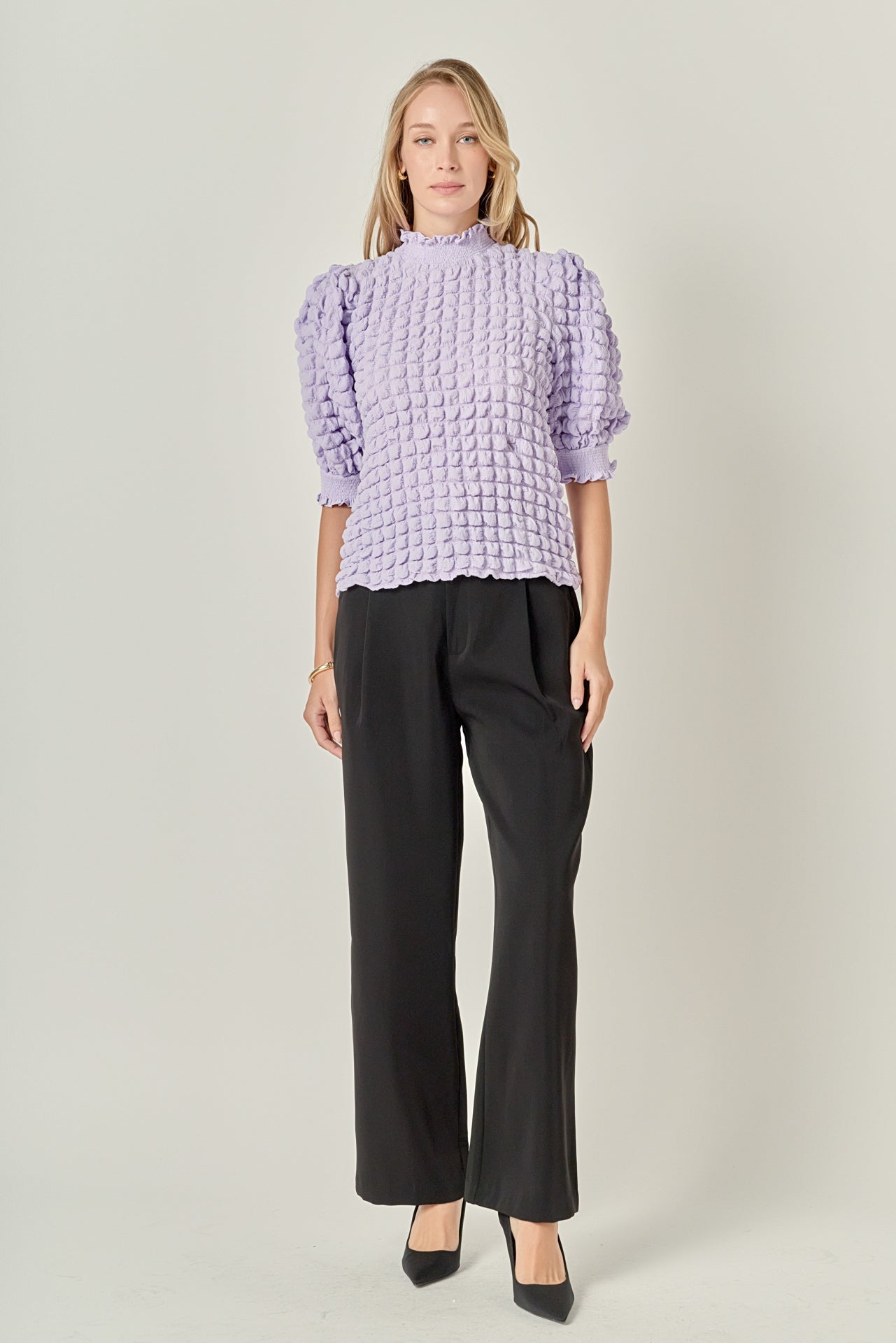 ENGLISH FACTORY - Textured Mock Neck Short Sleeve Blouse - TOPS available at Objectrare