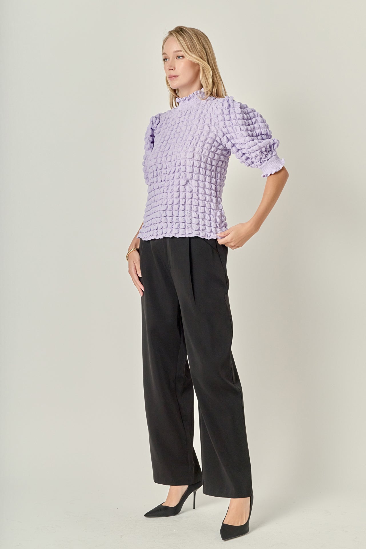 ENGLISH FACTORY - Textured Mock Neck Short Sleeve Blouse - TOPS available at Objectrare