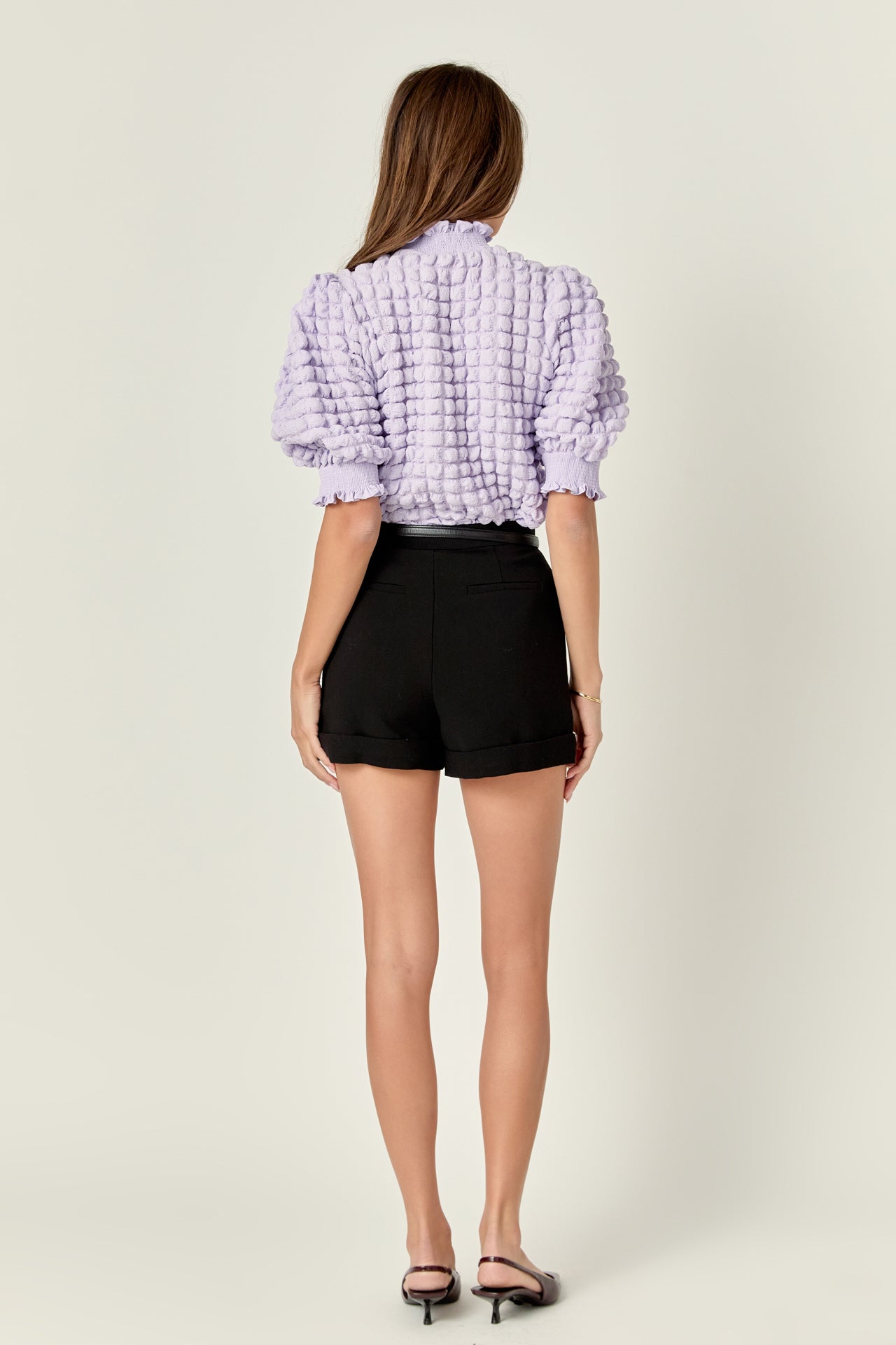 ENGLISH FACTORY - Textured Mock Neck Short Sleeve Blouse - TOPS available at Objectrare