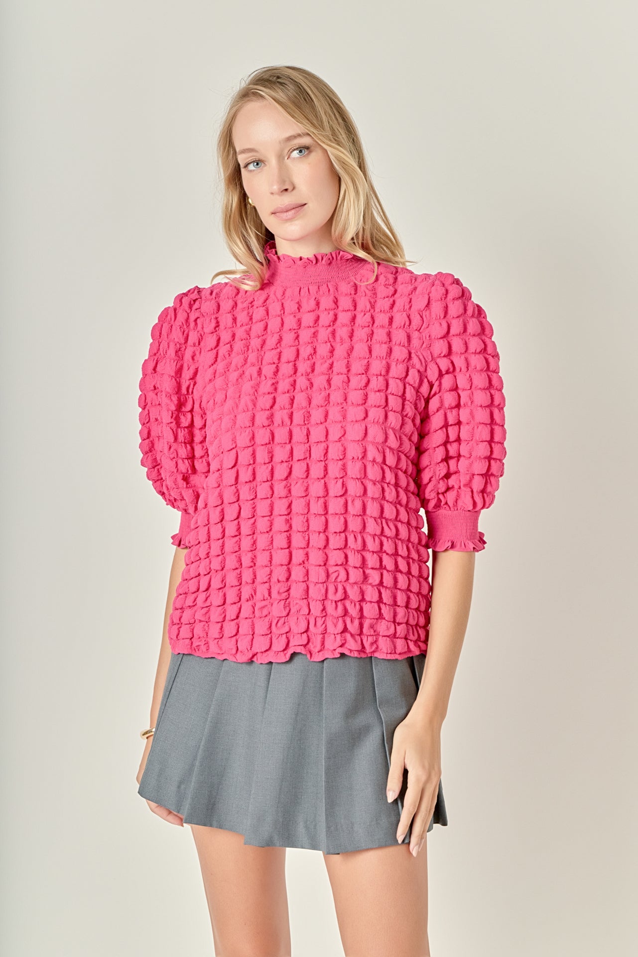 ENGLISH FACTORY - Textured Mock Neck Short Sleeve Blouse - TOPS available at Objectrare