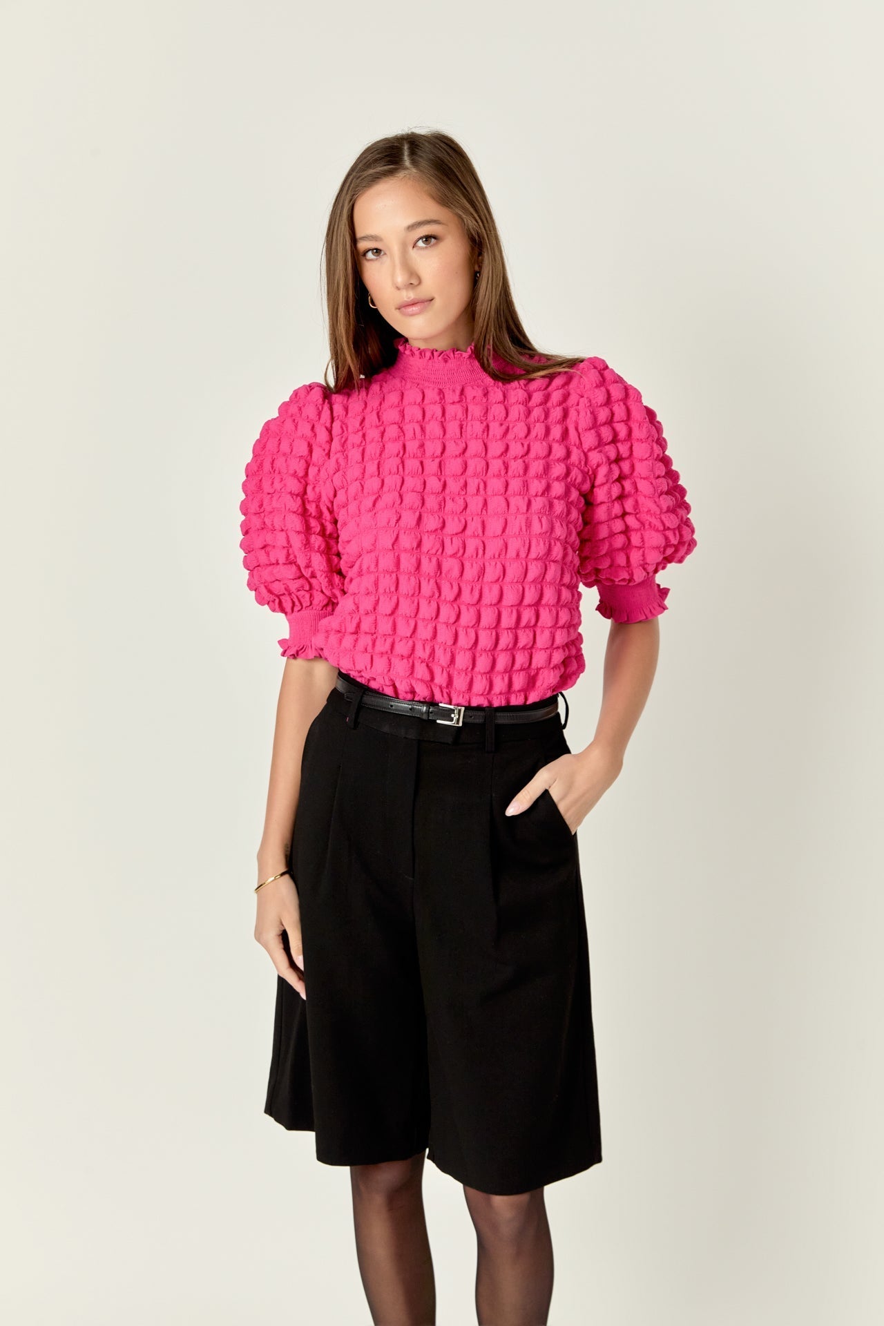 ENGLISH FACTORY - Textured Mock Neck Ruffled Short Sleeve Blouse - TOPS available at Objectrare