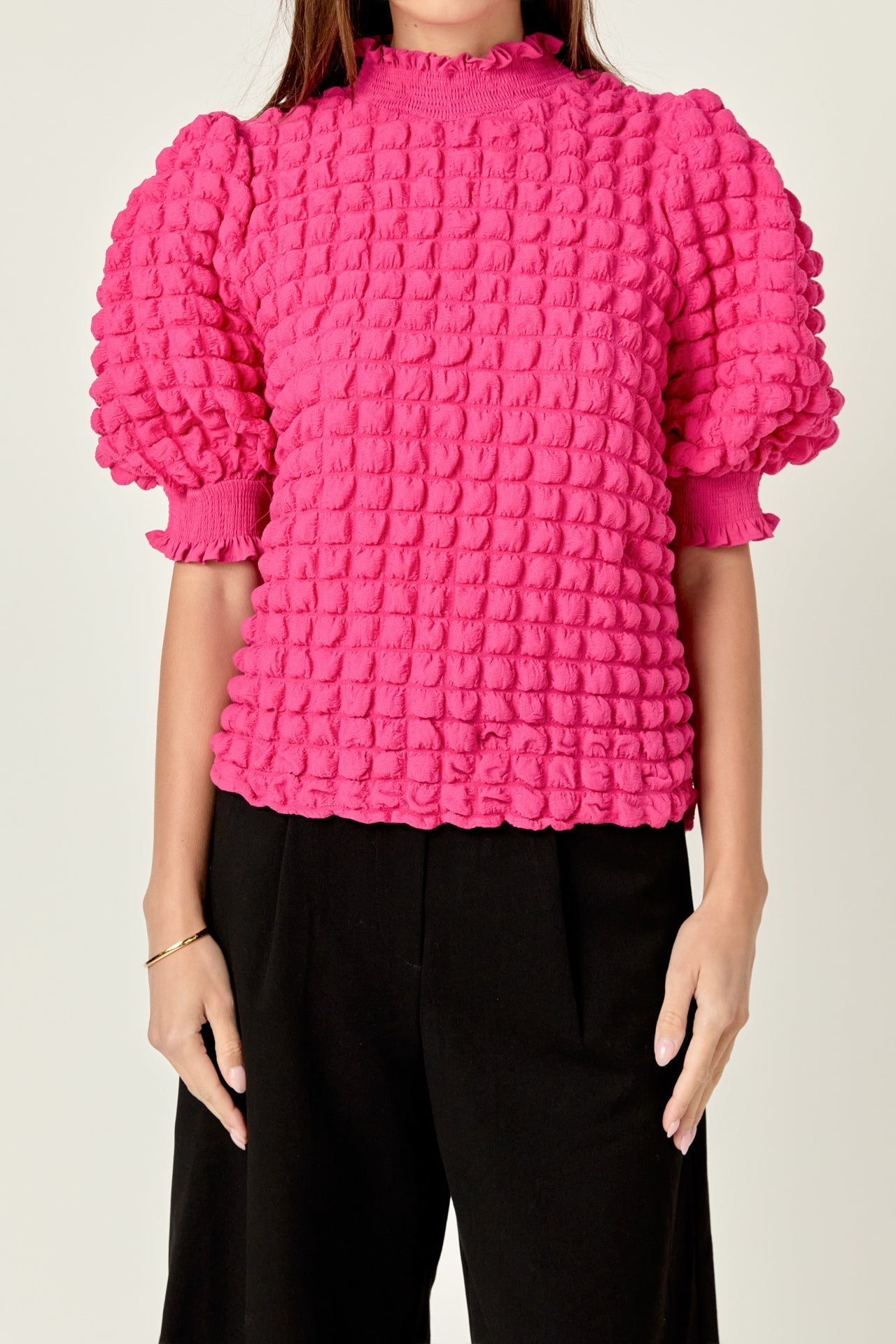 ENGLISH FACTORY - Textured Mock Neck Ruffled Short Sleeve Blouse - TOPS available at Objectrare