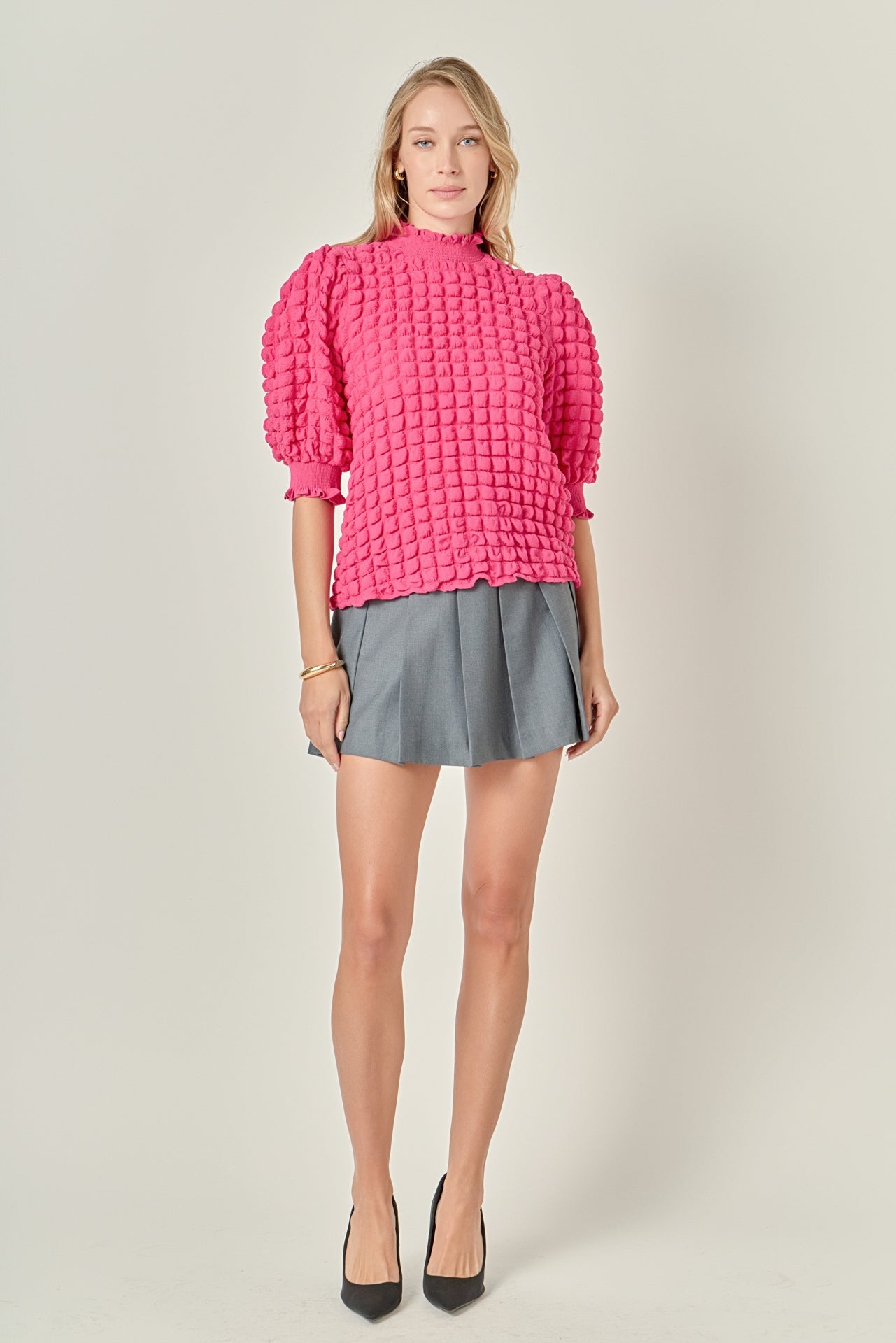 ENGLISH FACTORY - Textured Mock Neck Short Sleeve Blouse - TOPS available at Objectrare