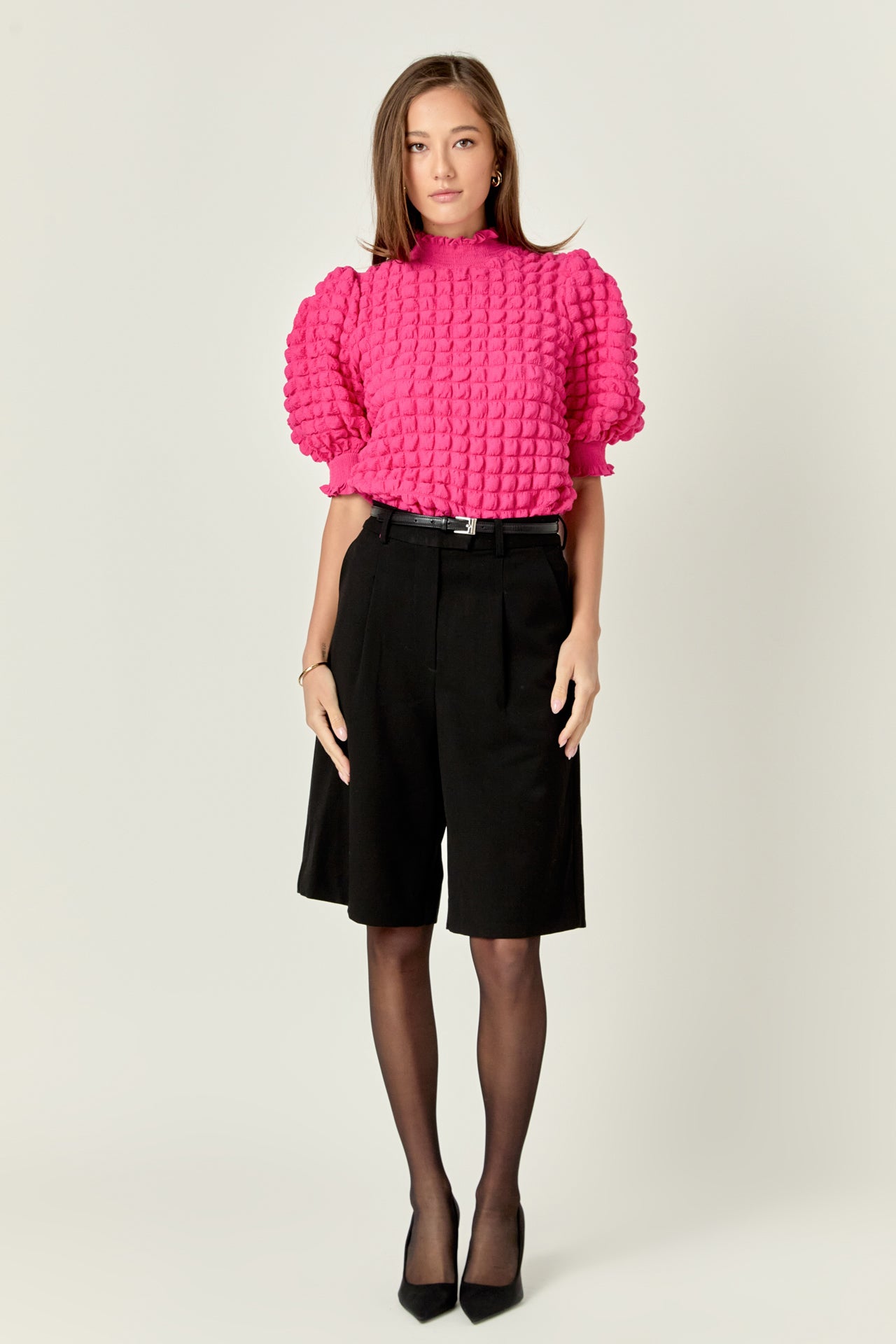 ENGLISH FACTORY - Textured Mock Neck Ruffled Short Sleeve Blouse - TOPS available at Objectrare