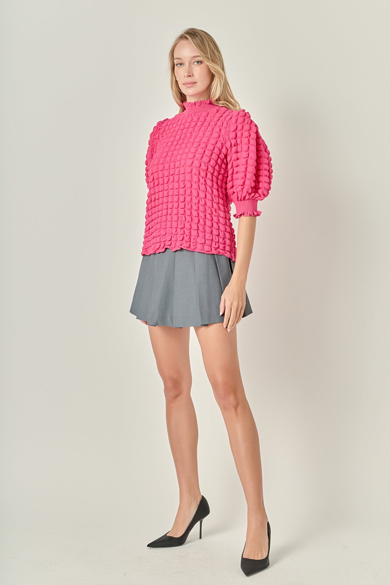 ENGLISH FACTORY - Textured Mock Neck Short Sleeve Blouse - TOPS available at Objectrare