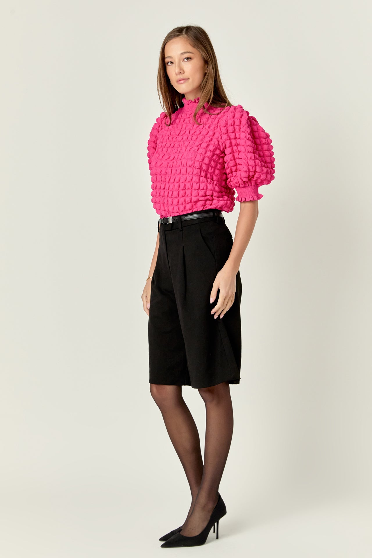 ENGLISH FACTORY - Textured Mock Neck Ruffled Short Sleeve Blouse - TOPS available at Objectrare