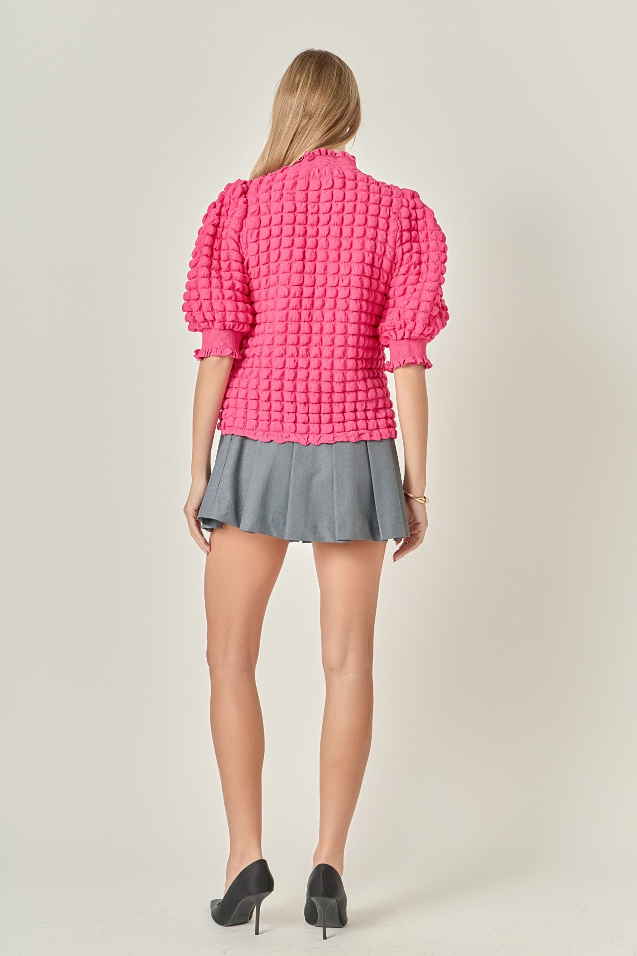 ENGLISH FACTORY - Textured Mock Neck Short Sleeve Blouse - TOPS available at Objectrare