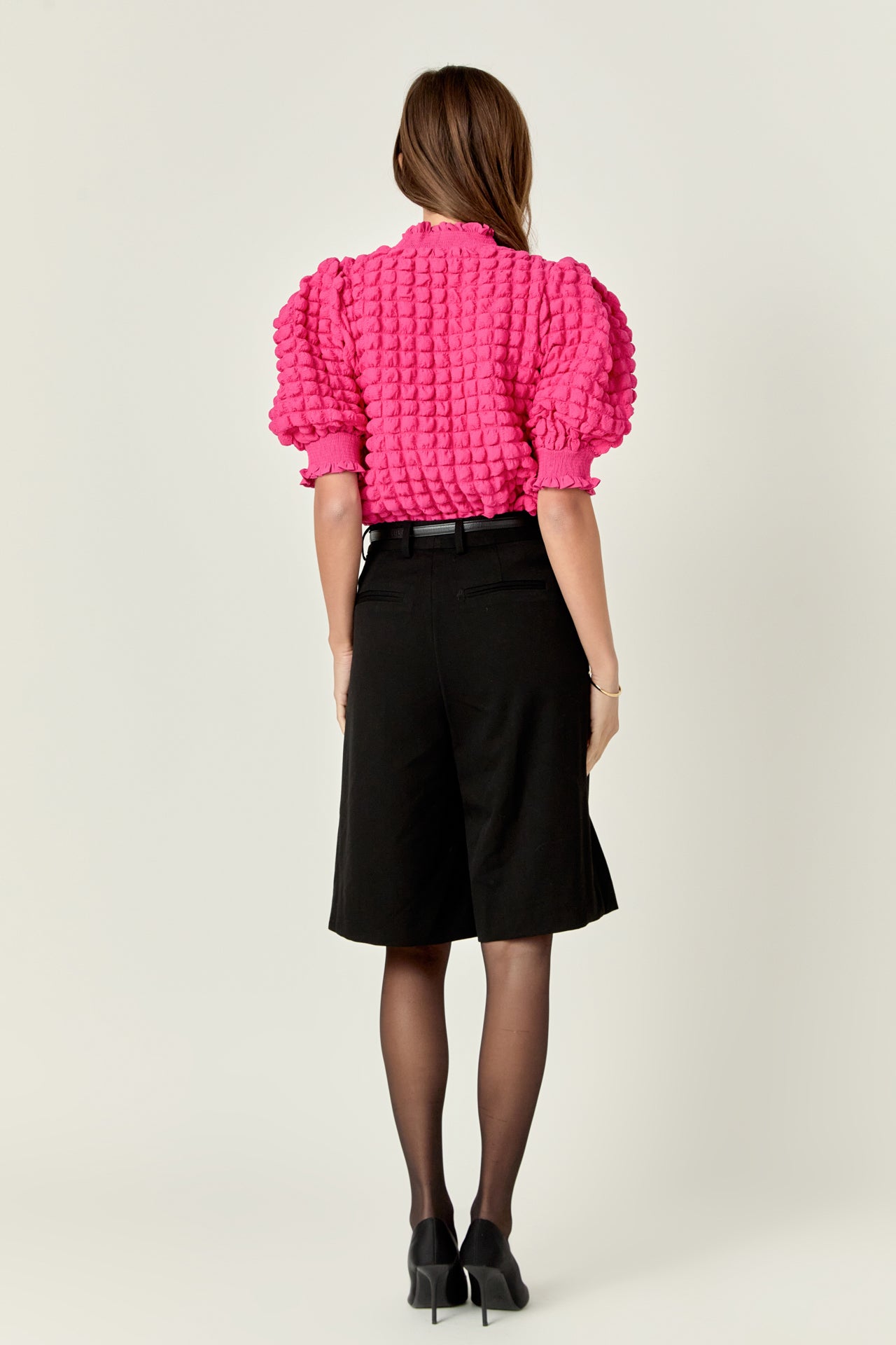 ENGLISH FACTORY - Textured Mock Neck Ruffled Short Sleeve Blouse - TOPS available at Objectrare