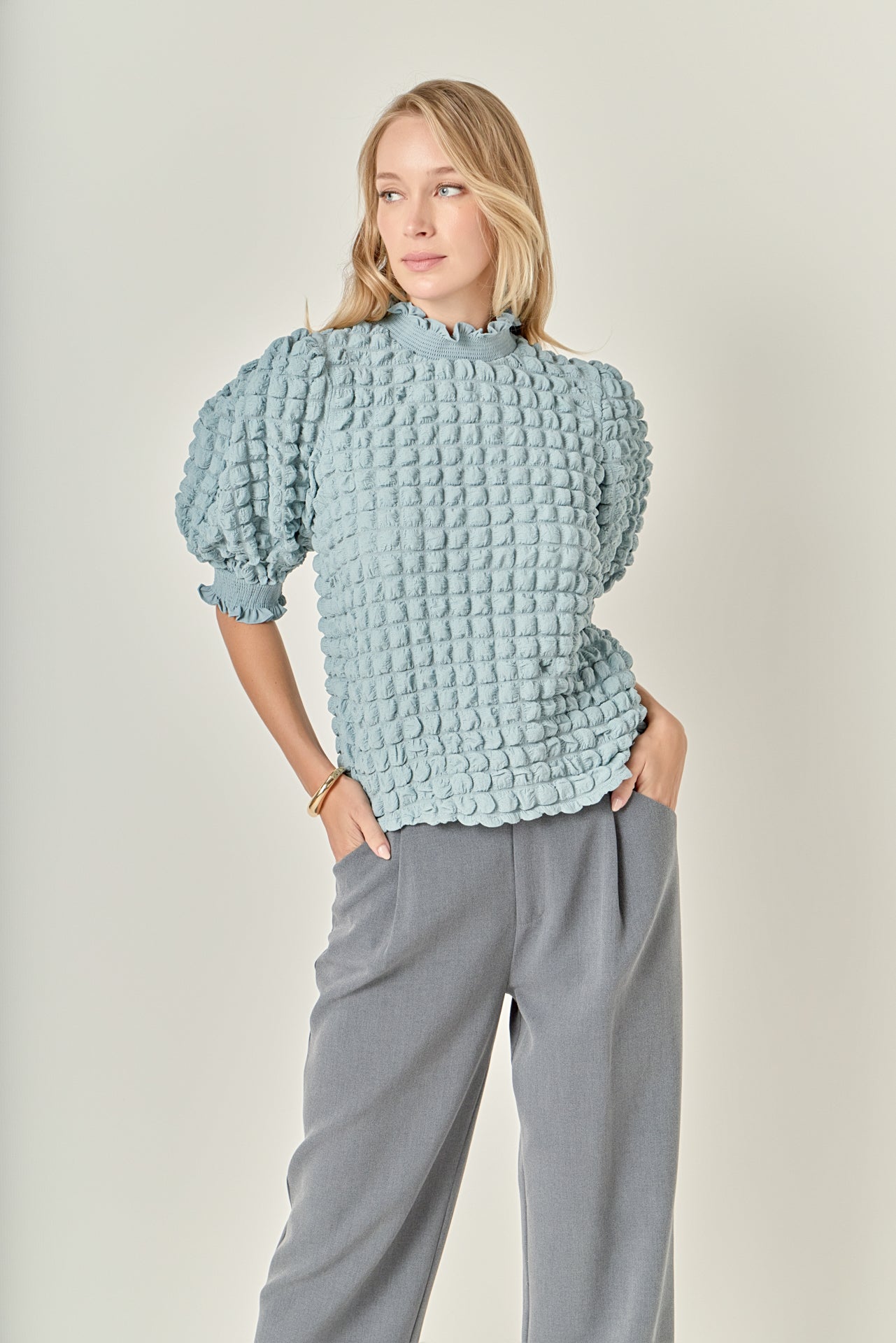 ENGLISH FACTORY - Textured Mock Neck Short Sleeve Blouse - TOPS available at Objectrare