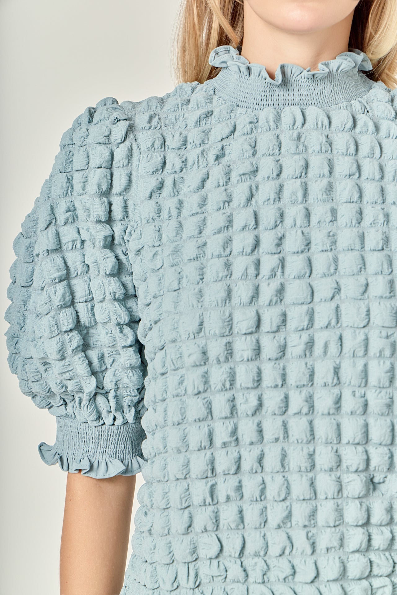 ENGLISH FACTORY - Textured Mock Neck Short Sleeve Blouse - TOPS available at Objectrare