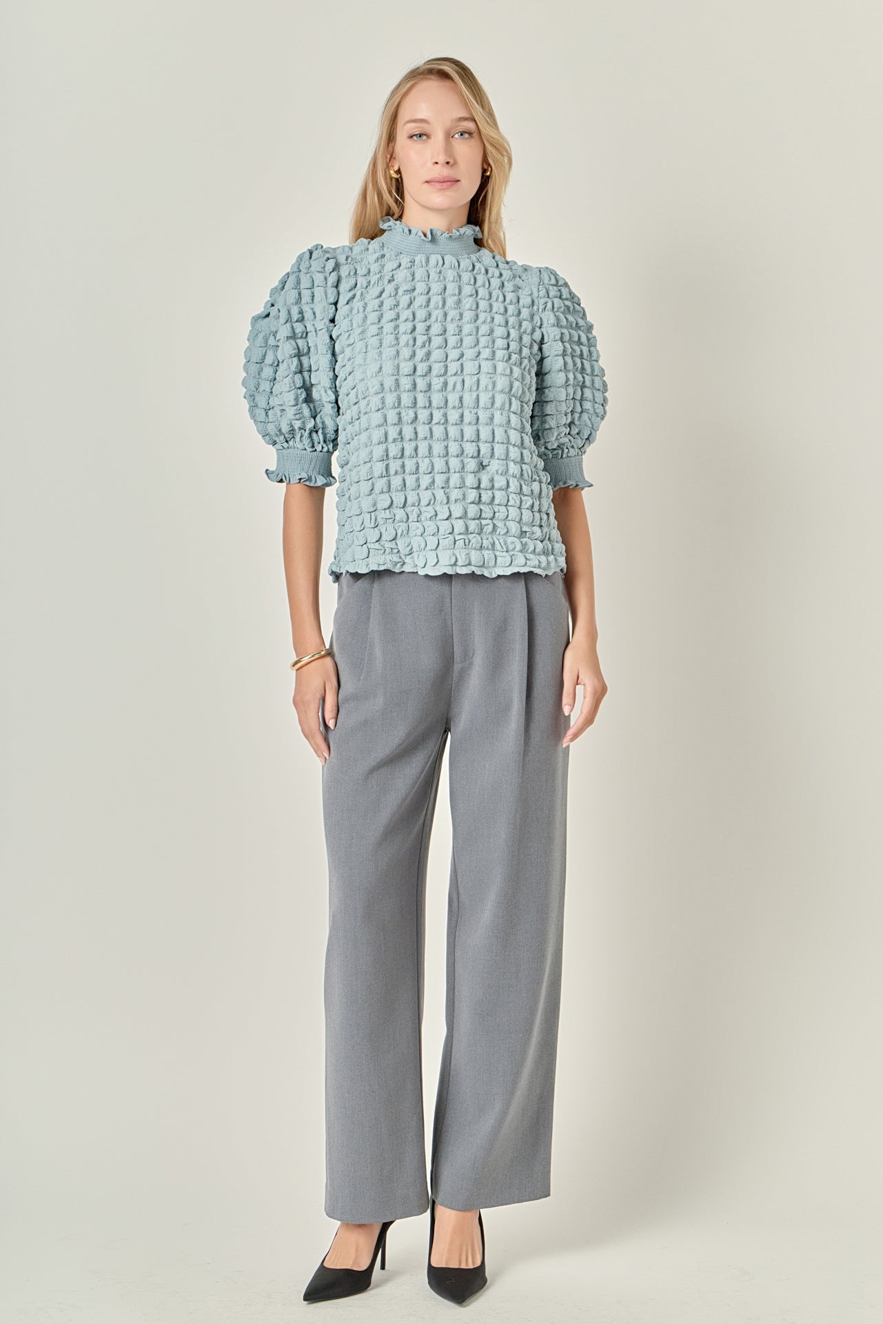 ENGLISH FACTORY - Textured Mock Neck Short Sleeve Blouse - TOPS available at Objectrare