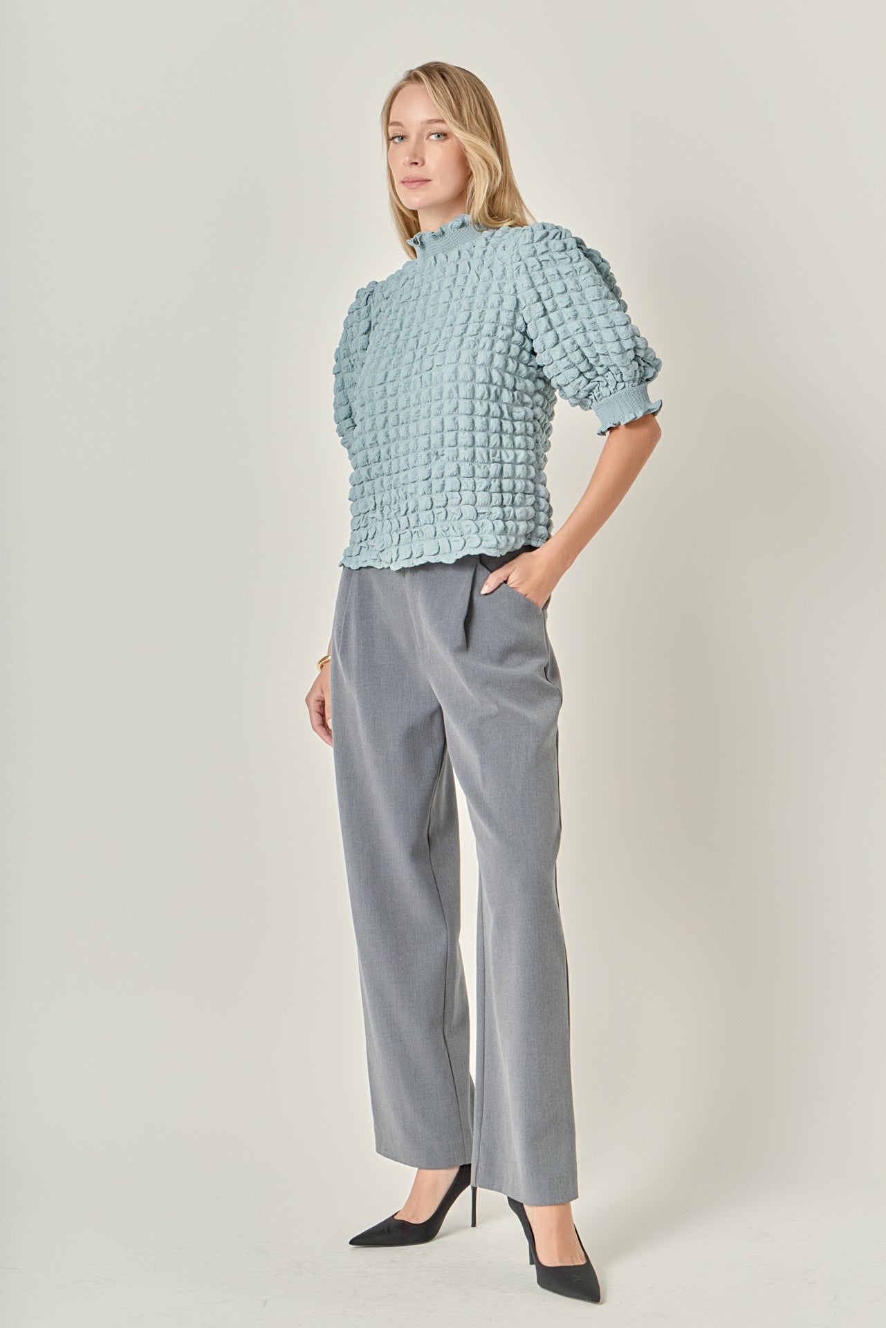 ENGLISH FACTORY - Textured Mock Neck Short Sleeve Blouse - TOPS available at Objectrare