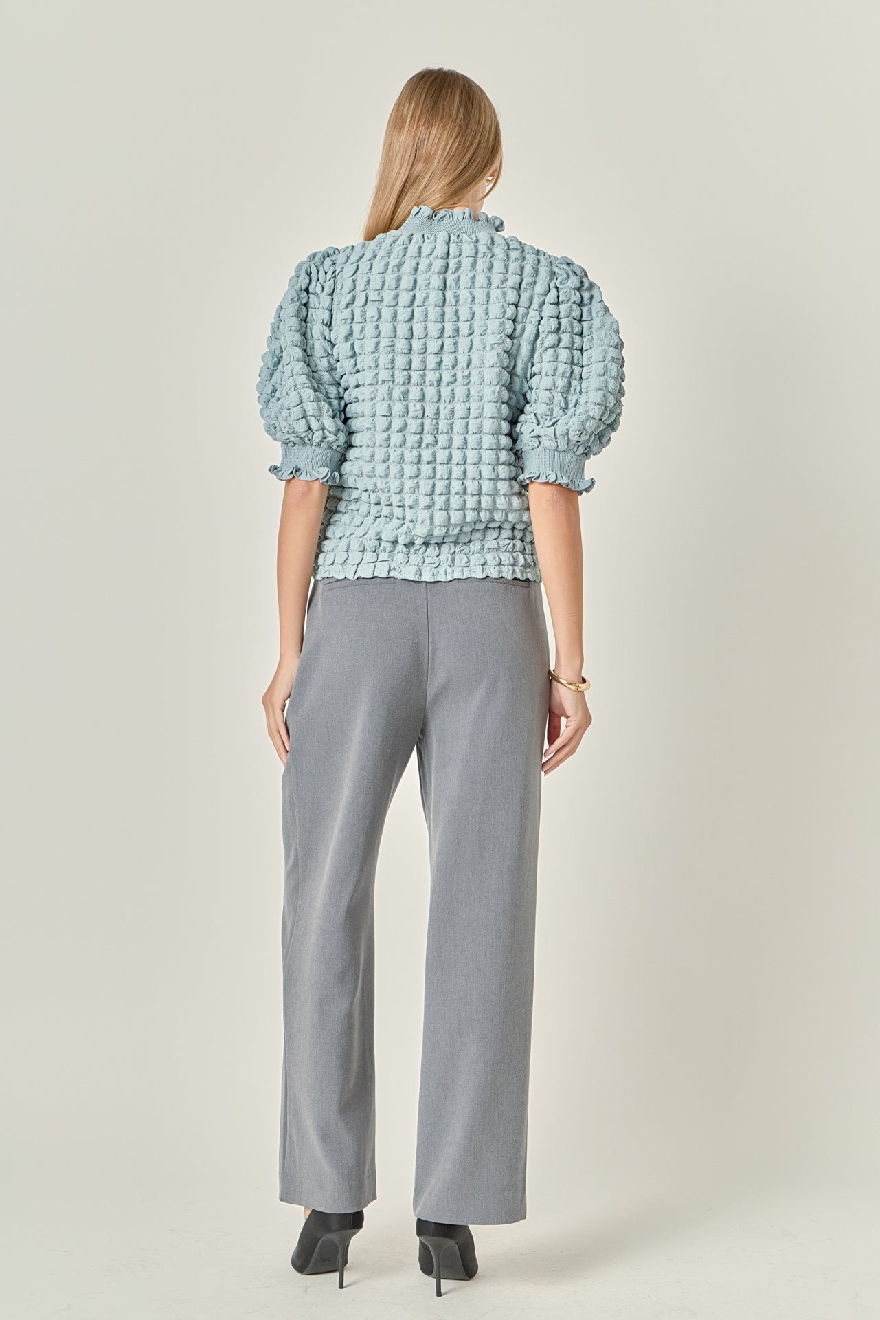 ENGLISH FACTORY - Textured Mock Neck Short Sleeve Blouse - TOPS available at Objectrare