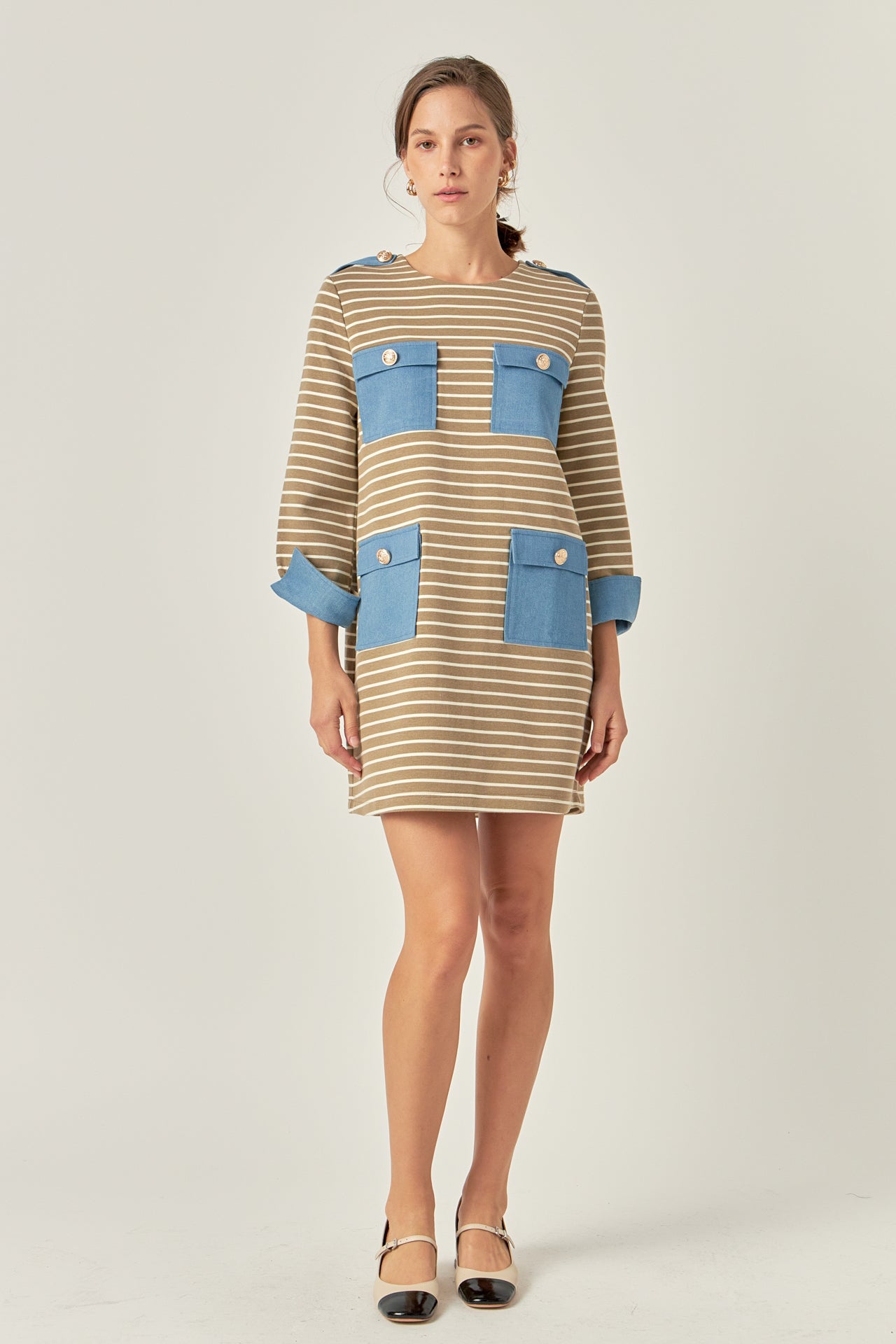 Striped Jersey Knit Dress With Denim Pockets