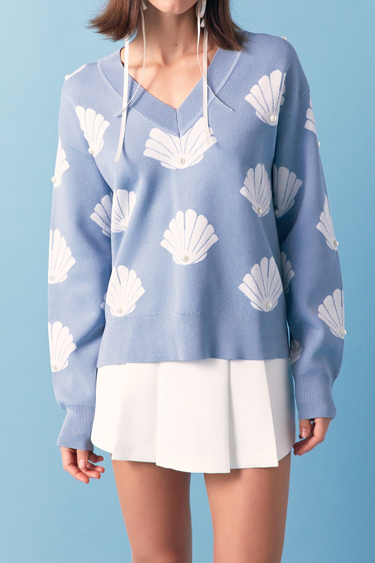 ENGLISH FACTORY - Shell Motif Sweater with Pearl Trim - SWEATERS & KNITS available at Objectrare