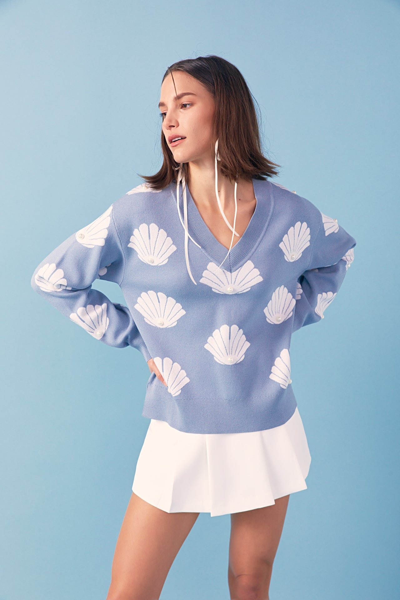ENGLISH FACTORY - Shell Motif Sweater with Pearl Trim - SWEATERS & KNITS available at Objectrare