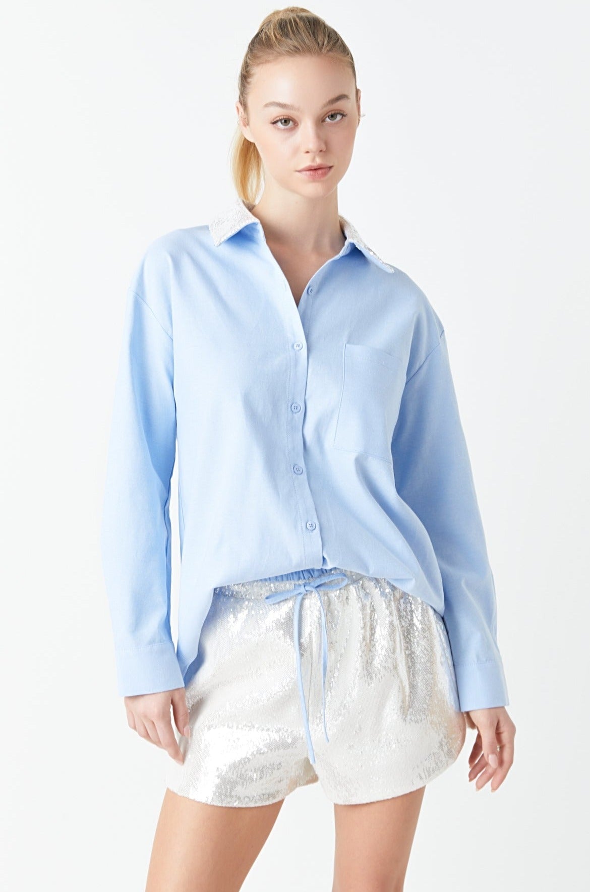 GREY LAB - Oversized Oxford Shirt with Sequin Collar - SHIRTS & BLOUSES available at Objectrare