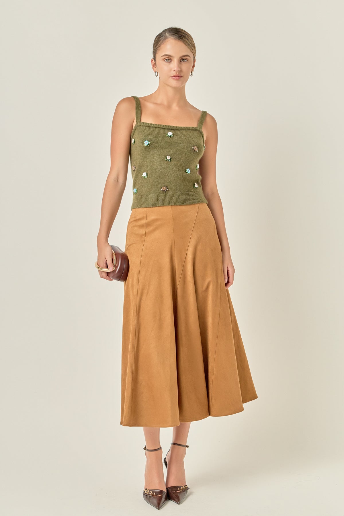 Suede Flared Pleated Midi Skirt