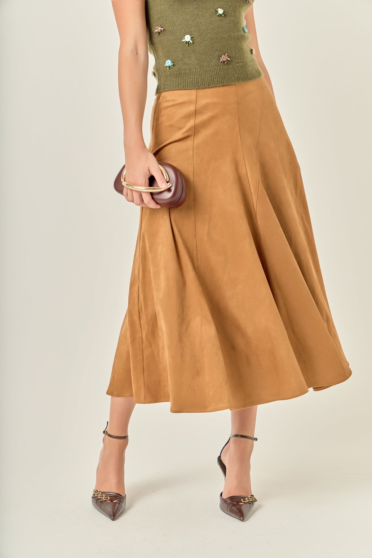 Suede Flared Pleated Midi Skirt