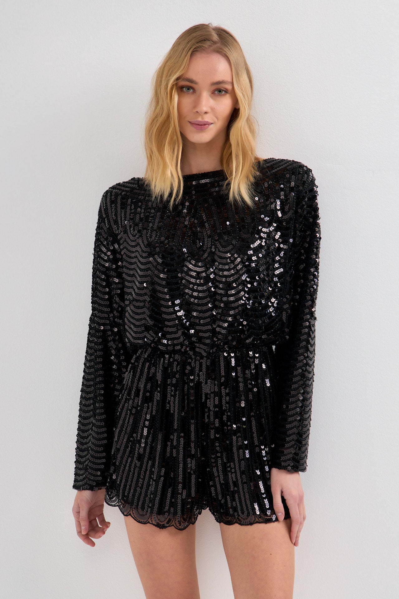 ENDLESS ROSE - Boat Neck Sequin Romper - ROMPERS available at Objectrare