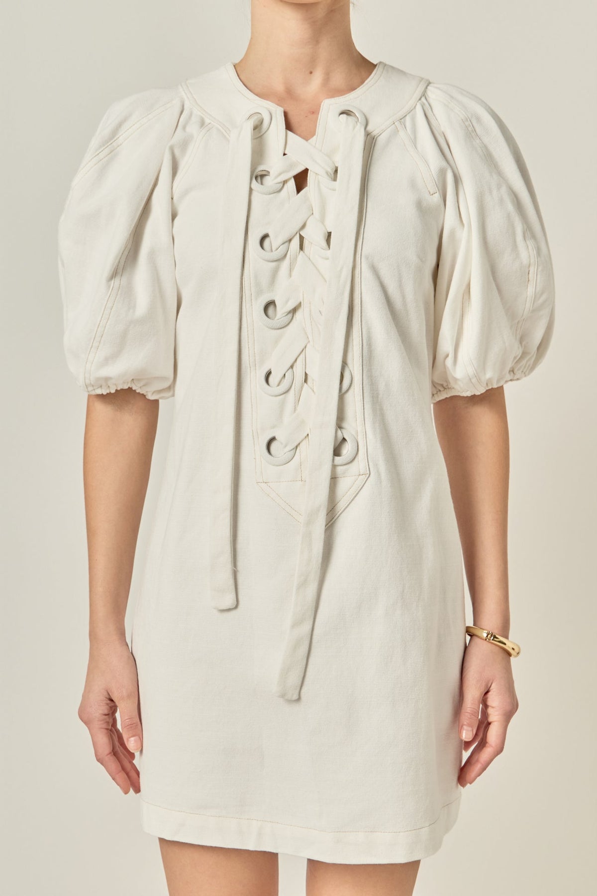 ENGLISH FACTORY - Laced Up Puffed Sleeve Mini Dress - DRESSES available at Objectrare