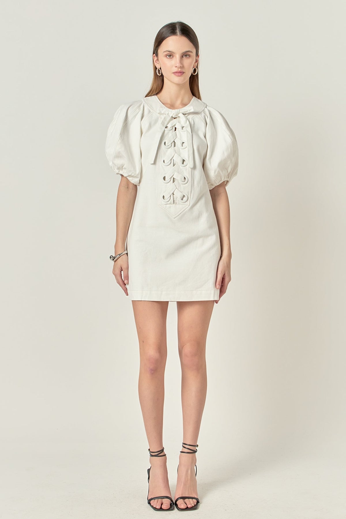 ENGLISH FACTORY - Laced Up Puffed Sleeve Mini Dress - DRESSES available at Objectrare
